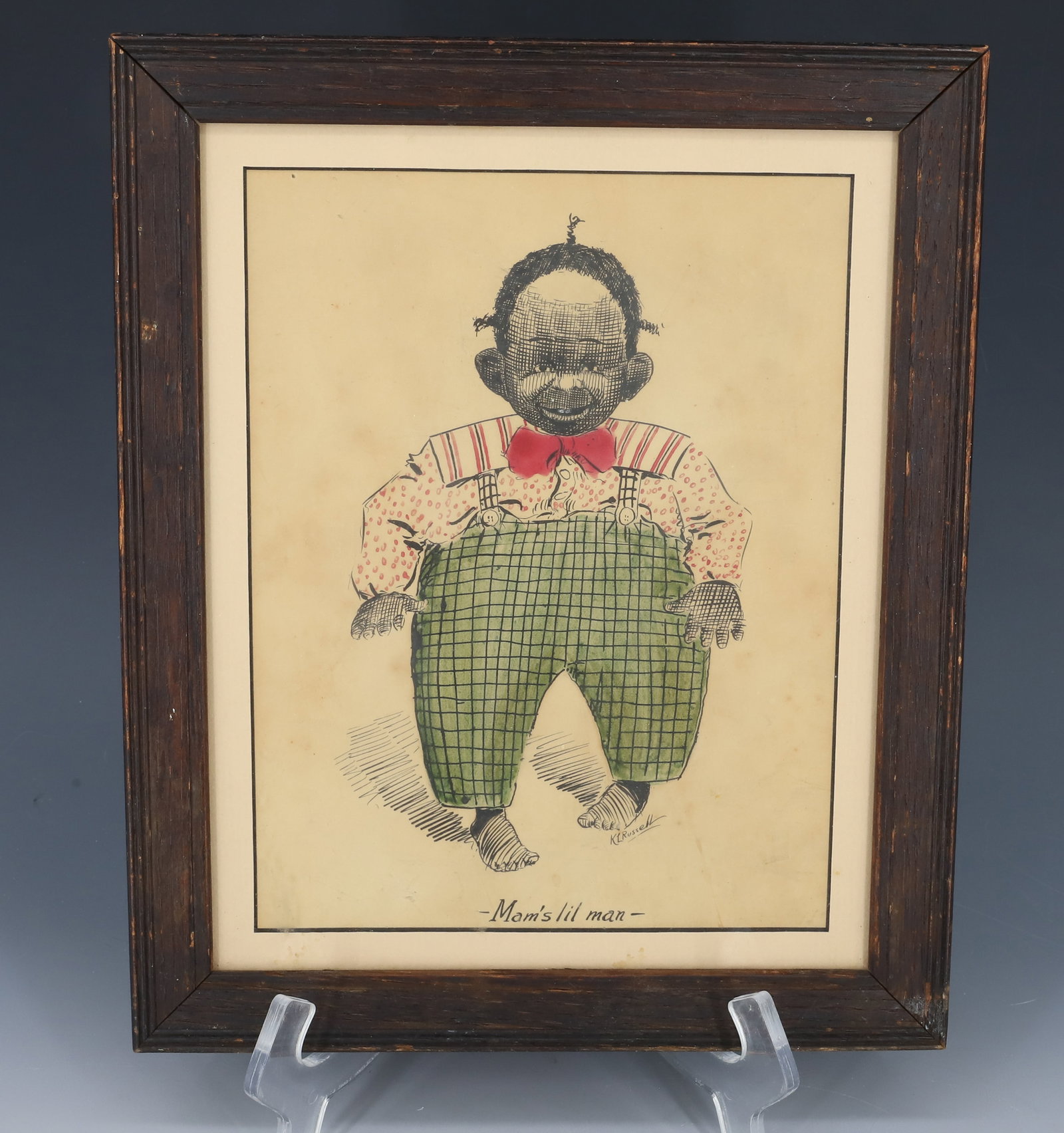 VINTAGE K.C. RUSSELL INK AND WATERCOLOR: BLACK BOY WITH BOWTIE AND SUSPENDERS "MAMS LIL MAN" 1920S 11 1/2" X 9 1/2" PLEASE READ CAREFULLY - Terms for Purchasing and Shipping of Auction Items. Please read carefully before bidding. All payment