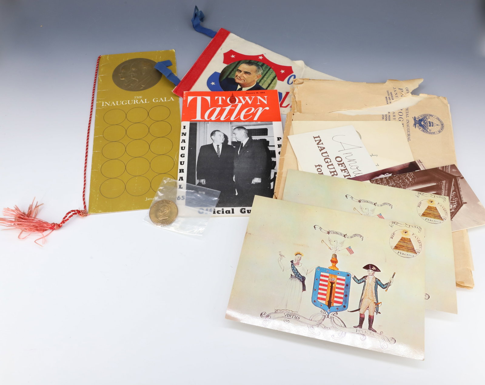 PRESIDENT LYNDON BAINES JOHNSON EPHEMERA: INAUGURAL PROGRAM 1965, INAUGURAL DINNER MENU, PRESIDENTS BALL INVITATION THE PRESIDENTS CLUB OF NEW YORK, TOWN TATLER INAUGURAL OFFICIAL GUIDE 12" X 10" PLEASE READ CAREFULLY - Terms for Purchasing a