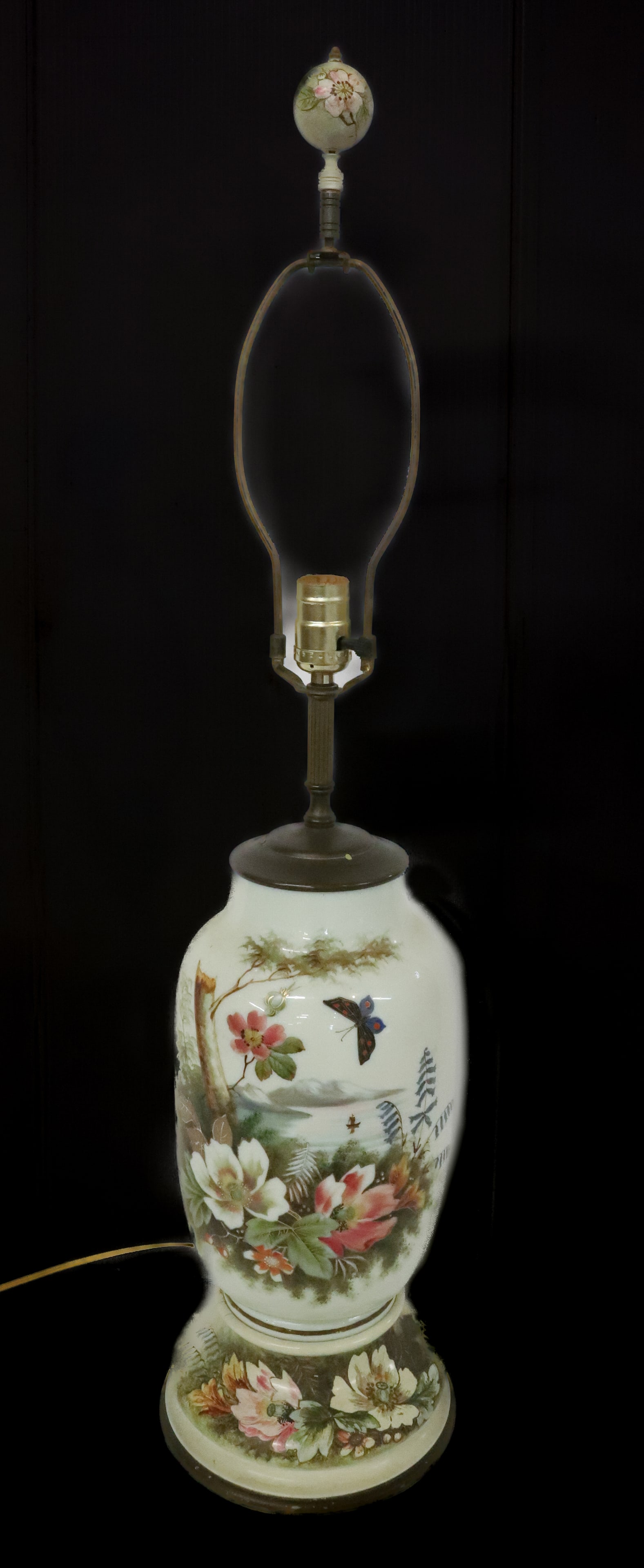 ANTIQUE BRISTOL GLASS ENAMEL LAMP: DETAILED FLORAL ENAMELING WITH BUTTERFLY, PAINTED MATCHING WOOD BASE AND FINIAL 35"H PLEASE READ CAREFULLY - Terms for Purchasing and Shipping of Auction Items. Please read carefully before bidding. A