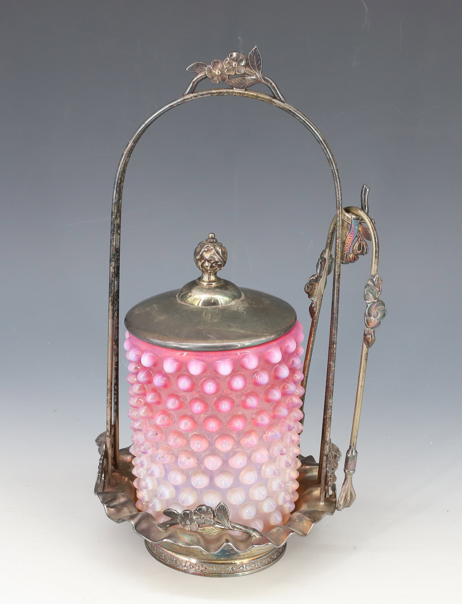 VICTORIAN ART GLASS PICKLE CASTOR: CRANBERRY TO OPALESCENT HOBNAIL INSERT WITH POLISHED PONTIL, SILVERPLATE FRAME LID AND TONGS THE ACME SILVER PLATE CO. BOSTON 10 3/8" PLEASE READ CAREFULLY - Terms for Purchasing and Shipping of Aucti