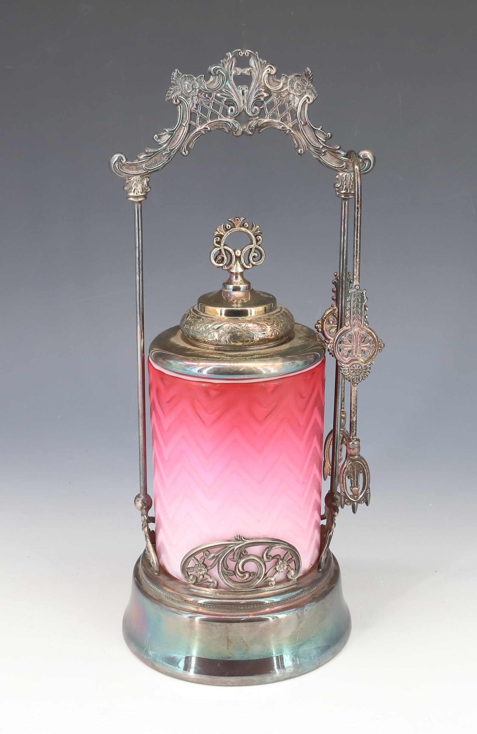 VICTORIAN ART GLASS PICKLE CASTOR: CRANBERRY QUILTED SATIN GLASS WITH UNUSUAL PATTERN POLISHED PONTIL SILVERPLATE FRAME,LID AND TONGS E.P.B.M. CANADA 12"H PLEASE READ CAREFULLY - Terms for Purchasing and Shipping of Auction Items. Plea