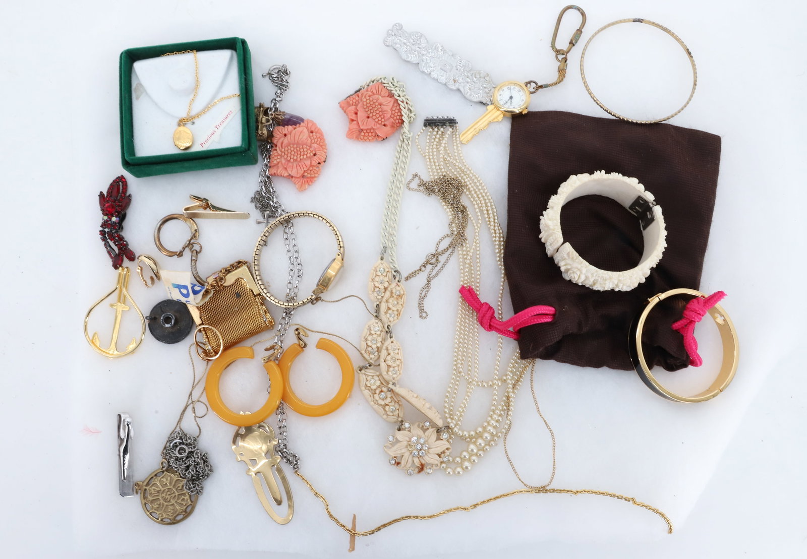 VINTAGE COSTUME JEWELRY LOT: FRENCH IVORY BANGLE, NECKLACE, FAUX CORAL CLIPS, CHANGE PURSE, BAKELITE EARRINGS ETC NECKLACE 18" PLEASE READ CAREFULLY - Terms for Purchasing and Shipping of Auction Items. Please read carefully befo