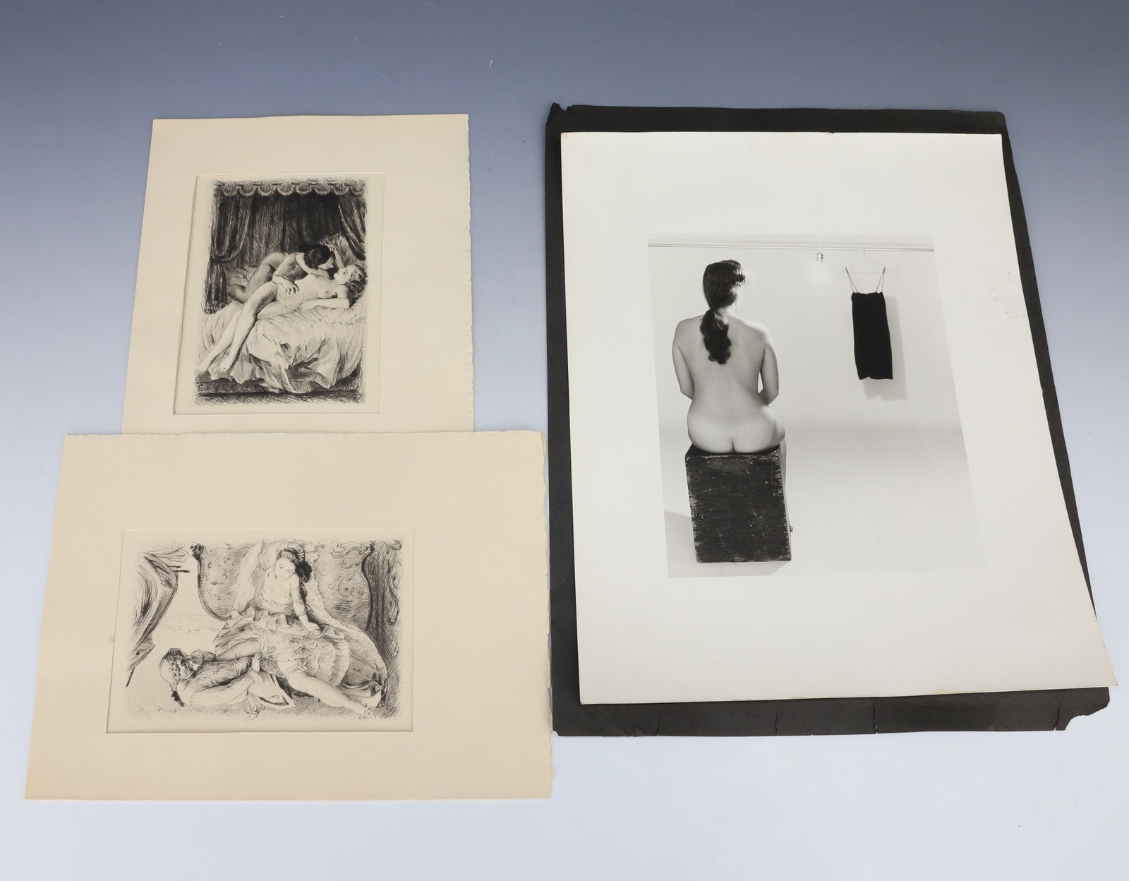 (3)VINTAGE PAUL-EMILE BECAT FRENCH EROTIC WOODCUTS AND NUDE PHOTO: AFTER PAUL-EMILE BECAT VELIN ANNAM 1955 TWO EROTIC WOODCUTS AND VINTAGE FEMALE NUDE PHOTO 4 1/2" X 3 3/8", WOODCUTS HAVE WATER MARK "ANNAM" PLEASE READ CAREFULLY - Terms for Purchasing and Shipping of