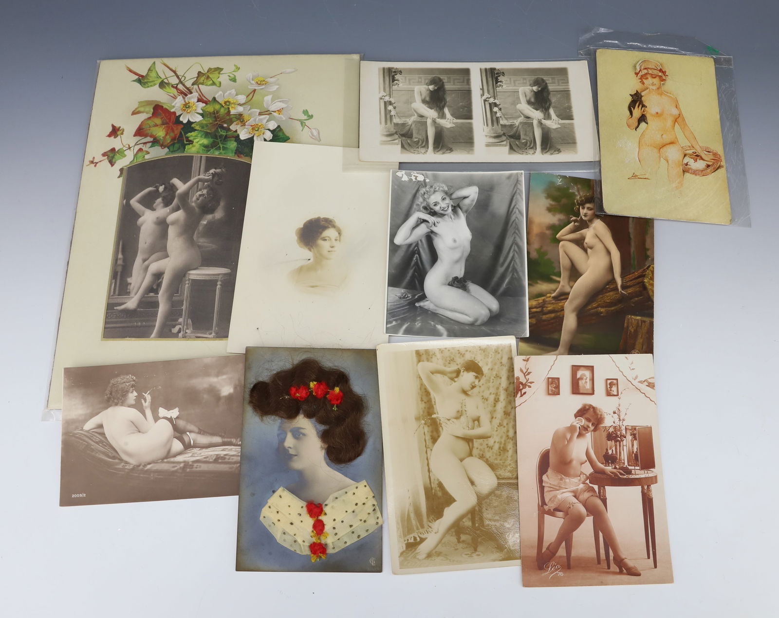 (9) ANTIQUE FRENCH NUDE POSTCARDS AND PHOTOS: VICTORIAN NUDE POSING WITH NICE MATTE, NUDE STEREOVIEW, FOUR NUDE POSTCARDS, PRINTED NUDE POSTCARD, AND TWO PORTRAIT POSTCARDS 10 1/2" X 8" LARGEST PLEASE READ CAREFULLY - Terms for Purchasing and Shi