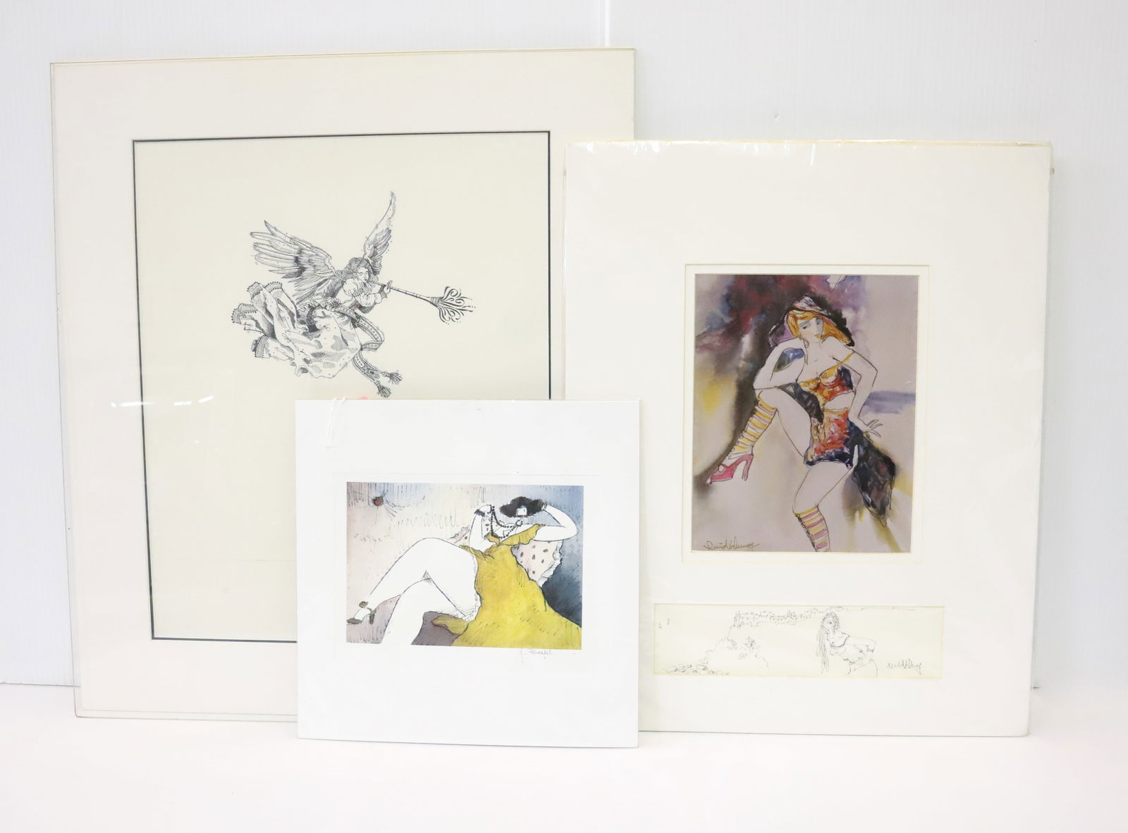 (3) DAVID WONG PRINT, MICHAEL BOULET PRINT: DAVID WONG PRINT WITH ORIGINAL ART SIGNED, MICHAEL BOULET AFTER PICASSO PRINT SIGNED LOWER RIGHT AND HAND DRAWN ANGEL WITH HORN UNSIGNED WITH PLEXI PANE LARGEST 23 1/2" X 20" PLEASE READ CAREFULLY - T