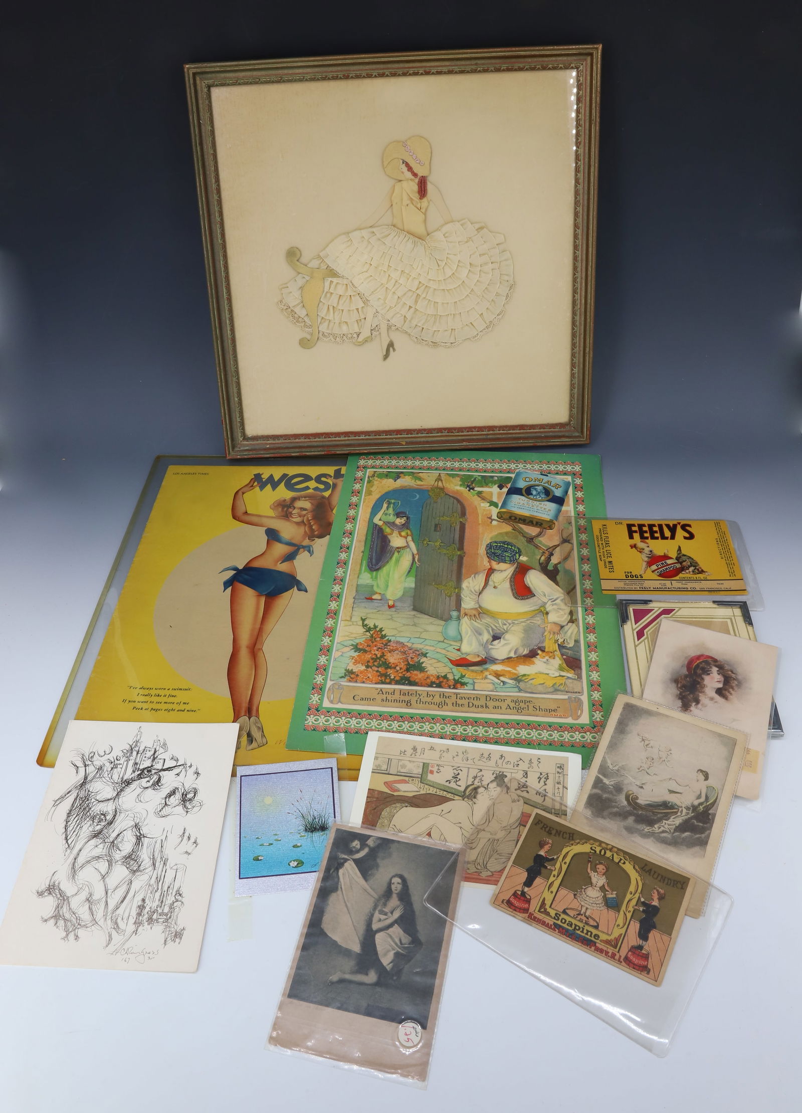 (10) POSTCARDS, ADS: VINTAGE OMAR CIGARETTE AD, 1950S COLLAGE OF WOMAN IN GOWN, SIX POSTCARDS/ADS, LA TIME SUNDAY INSERT SMALL PHOTO FRAME AND PRINT 14" X 14" PLEASE READ CAREFULLY - Terms for Purchasing and Shipping of A