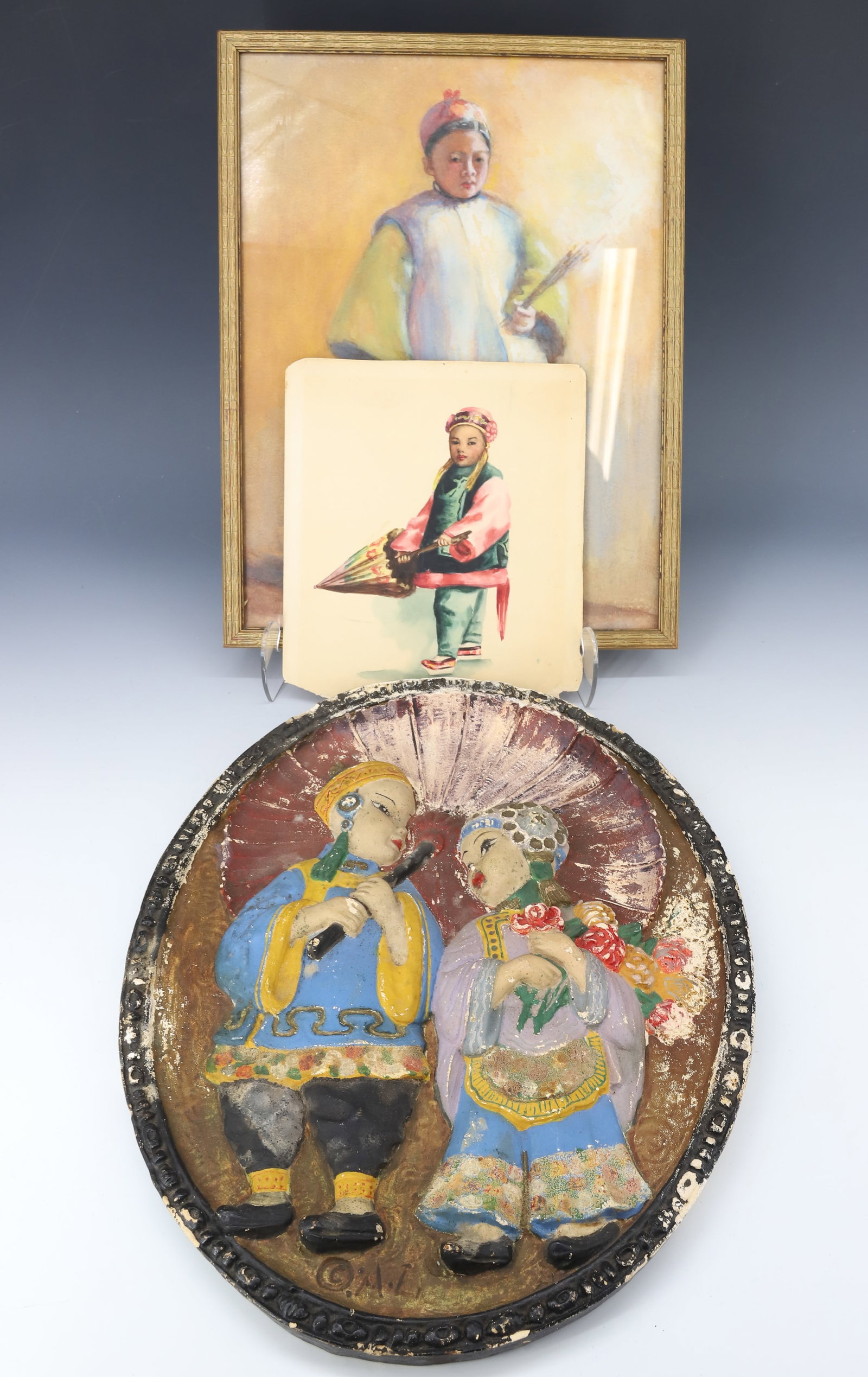 VINTAGE ASIAN PASTEL AND WATERCOLOR, CHALKWARE PLAQUE: WATERCOLOR OF CHILD WITH UMBRELLA, PASTEL OF BOY BOTH UNSIGNED CHALKWARE PLAQUE ASIAN CHILDREN 15 1/2" X 12" PLEASE READ CAREFULLY - Terms for Purchasing and Shipping of Auction Items. Please read car