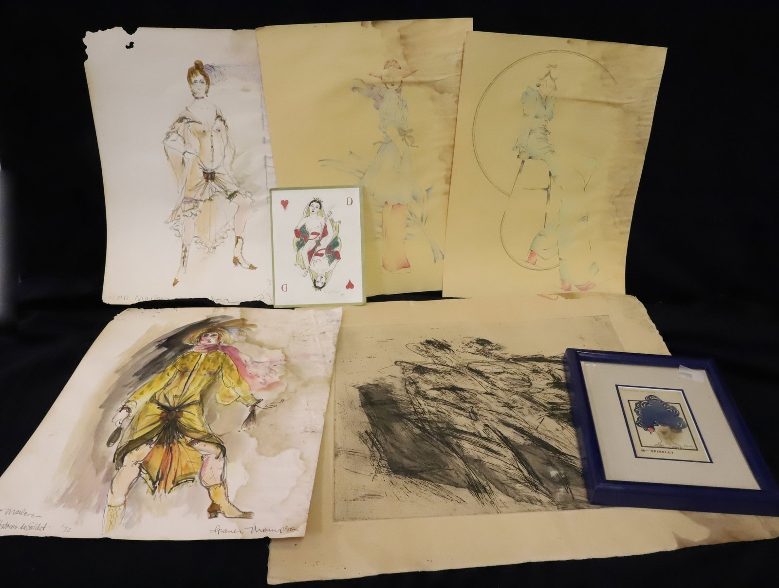 (7) VINTAGE ORIGINAL ART: TWO EROTIC NUDES, TWO FASHION DRAWINGS AND ETCHING BY GILLIN, FRENCH FRAMED AD AND CARD LARGEST 19" X 22" PLEASE READ CAREFULLY - Terms for Purchasing and Shipping of Auction Items. Please read carefu