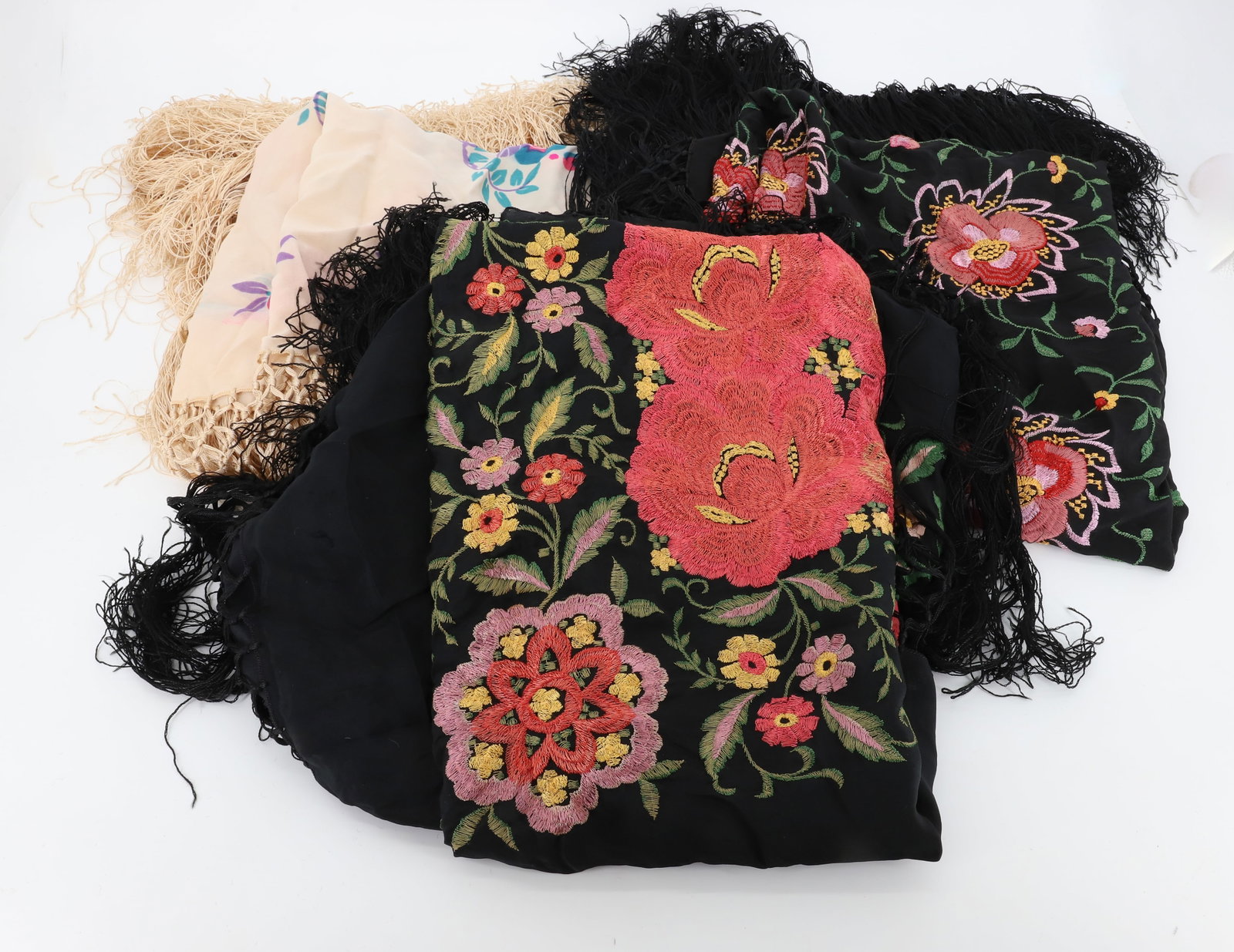 (3) ANTIQUE SHAWLS EMBROIDERED: TWO EMBROIDERED SHAWLS BLACK WITH COLOR FLOWERS AND CREPE SHAW 46" X 46" WITH 12" FRINGE PLEASE READ CAREFULLY - Terms for Purchasing and Shipping of Auction Items. Please read carefully before biddin