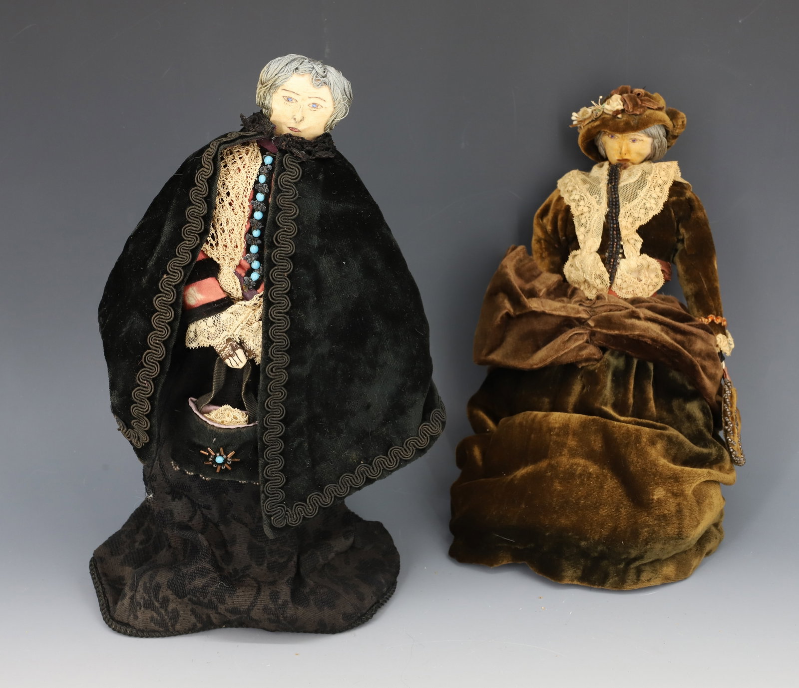 (2) HANDMADE VINTAGE DOLLS: HAND PAINTED SOFT SCULPTURE FACES WITH ELABORATE OUTFITS. 12 H. PLEASE READ CAREFULLY - Terms for Purchasing and Shipping of Auction Items. Please read carefully before bidding. All payments for purch