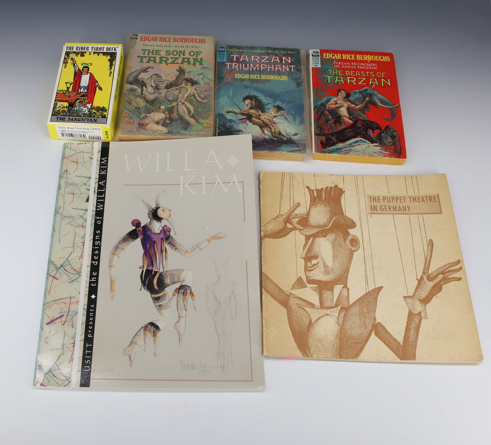 (7) PUPPET BOOK, VINTAGE TARZAN PAPERBACKS,TAROT CARDS: THE PUPPET THEATRE IN GERMANY 1957, WILLA KIM DESIGNER BY BOBBI OWEN 2005, EDGAR RICE BURROUGHS TARZAN THREE PAPERBACKS , RIDER TAROT DECK 10" X 9" PLEASE READ CAREFULLY - Terms for Purchasing and Shi