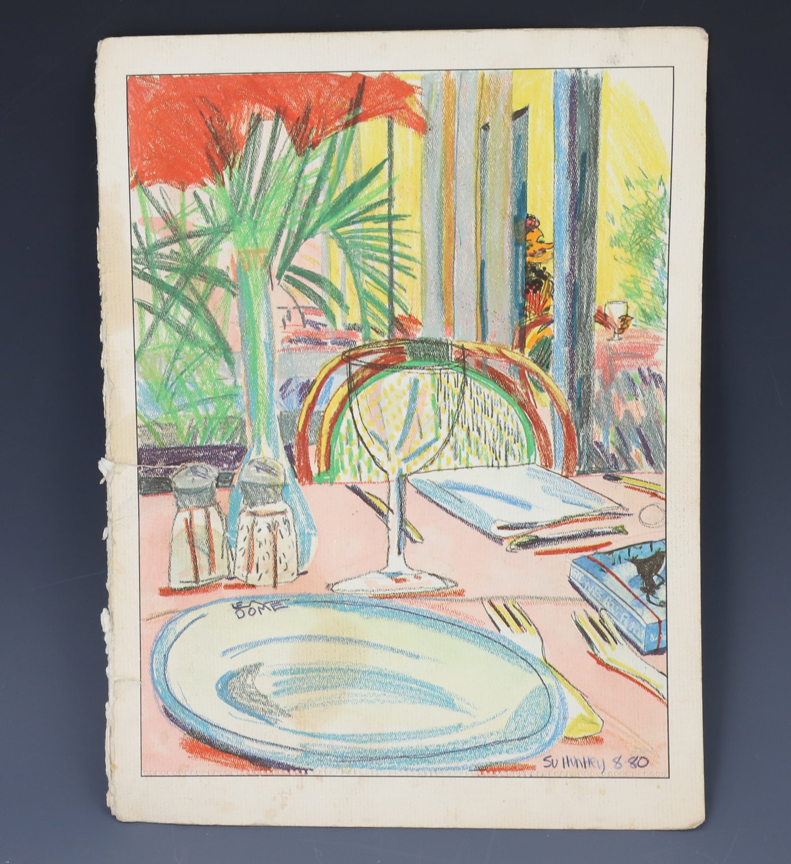 LE DOME MENU COVER WITH MADAME IN BACKGROUND: LE DOME BY SU HUNTLEY 8-80 WITH MADAME IN BACK HOLDING DRINK. 12" X 9". PLEASE READ CAREFULLY - Terms for Purchasing and Shipping of Auction Items. Please read carefully before bidding. All payments f