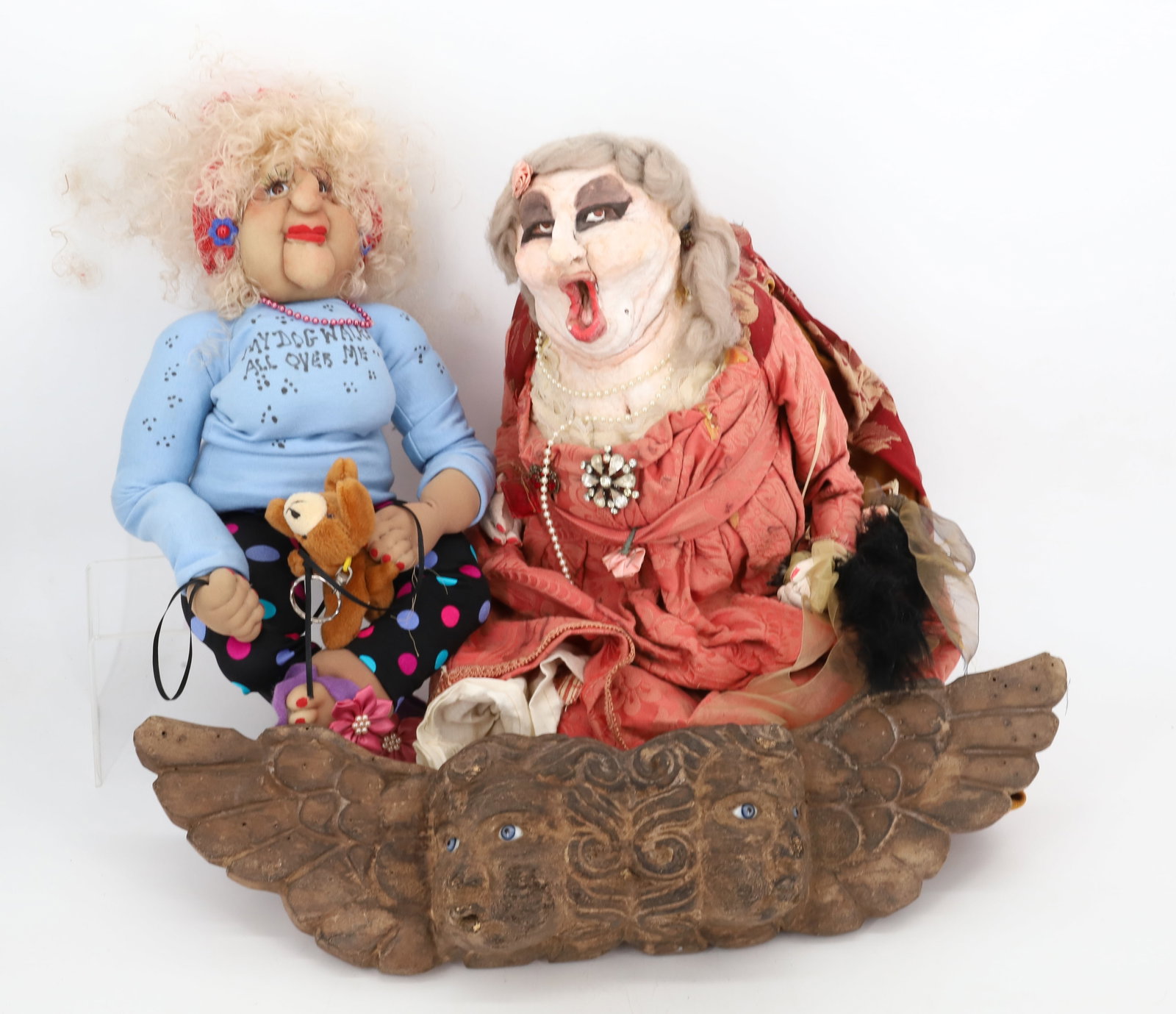 (3) TWO DOLLS AND ANGEL PLAQUE: OPERA LADY ORNATE CLOTHING, JEWELRY, PAPER MACHE HEAD AND HANDS, DOLL WITH BLUE SWEATSHIRT AND INDONESIAN CARVED WOOD ANGEL PLAQUE 20"H,16", 20"L PLEASE READ CAREFULLY - Terms for Purchasing and Shipp