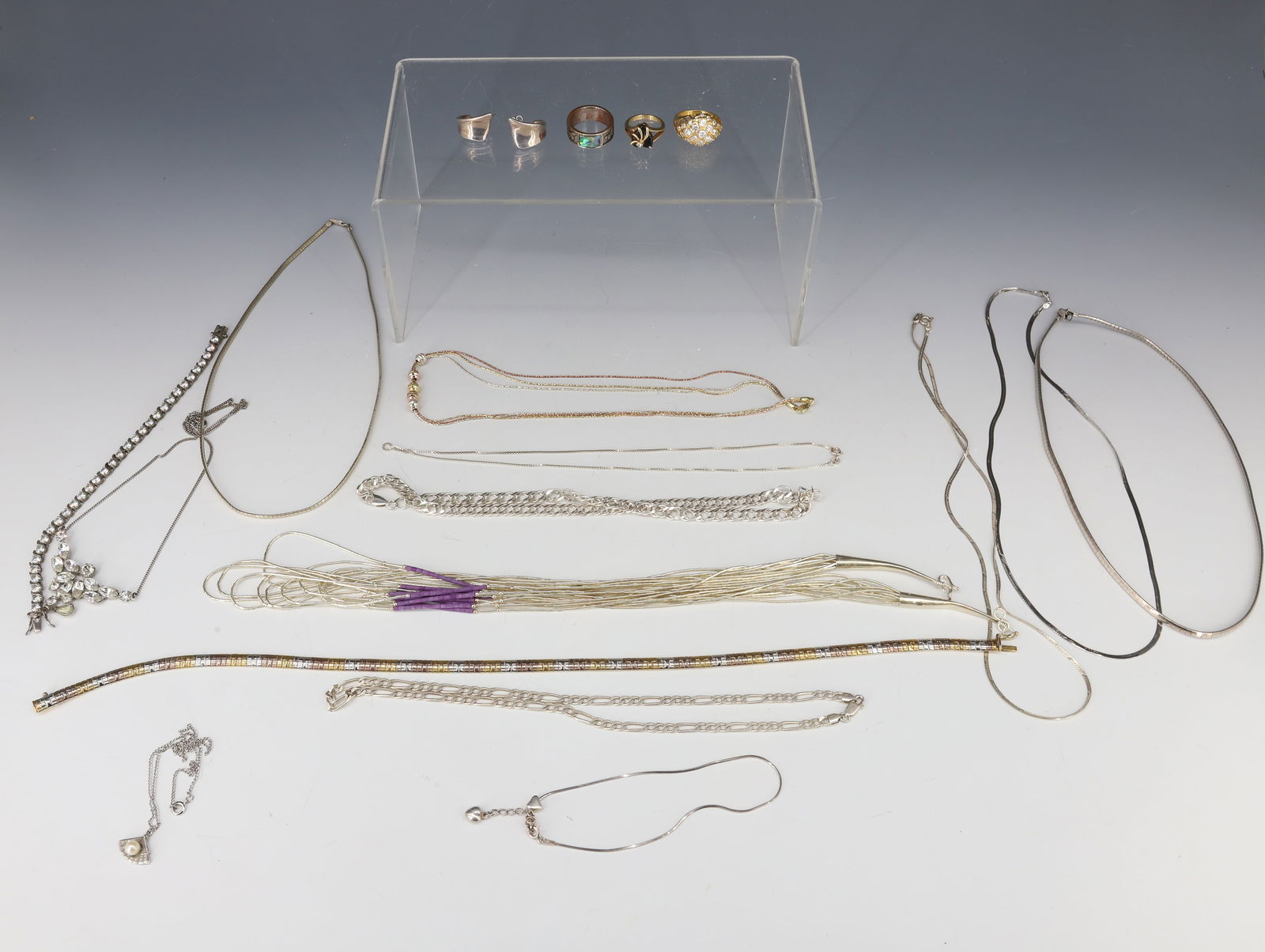 (12) STERLING SILVER CHAINS: ANKLET 4", FOUR 16". ONE 13", ONE 22",ONE 17", THREE 18" TOTAL WEIGHT 4.6 OZT PLUS SIX PIECES OF COSTUME JEWELRY NECKLACE,BRACELET AND RINGS PLEASE READ CAREFULLY - Terms for Purchasing and Shipping o