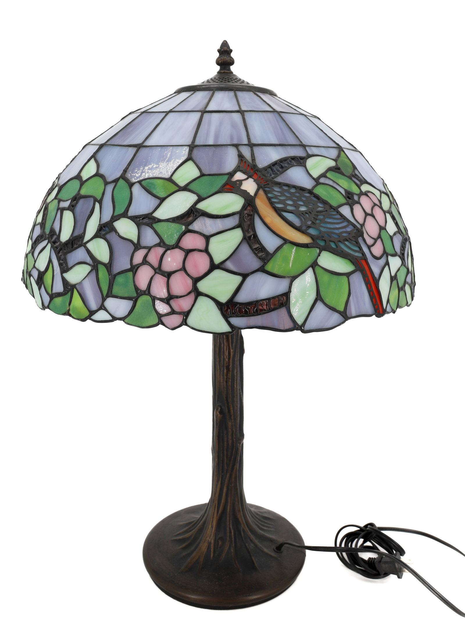 LEADED GLASS SHADE LAMP: LAVENDER PINK AND GREEN WITH CARDINALS RESIN BASE 23" X 16 1/2" CONTEMPORARY PLEASE READ CAREFULLY - Terms for Purchasing and Shipping of Auction Items. Please read carefully before bidding. All payme