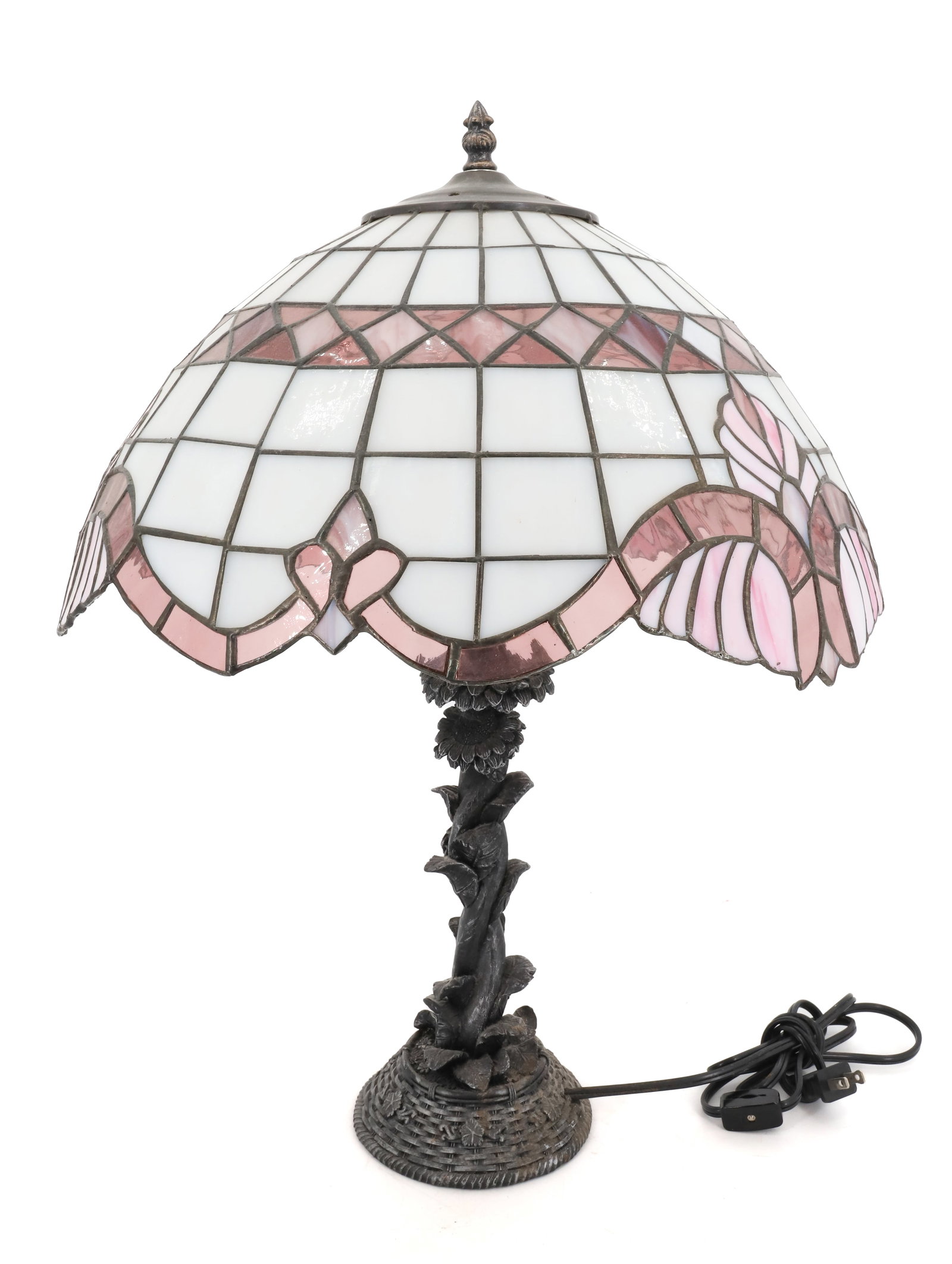 LEADED GLASS SHADE LAMP: WHITE,PURPLE AND PINK SHADE WITH RESIN BASE 21" X 16 1/2" PLEASE READ CAREFULLY - Terms for Purchasing and Shipping of Auction Items. Please read carefully before bidding. All payments for purchases w