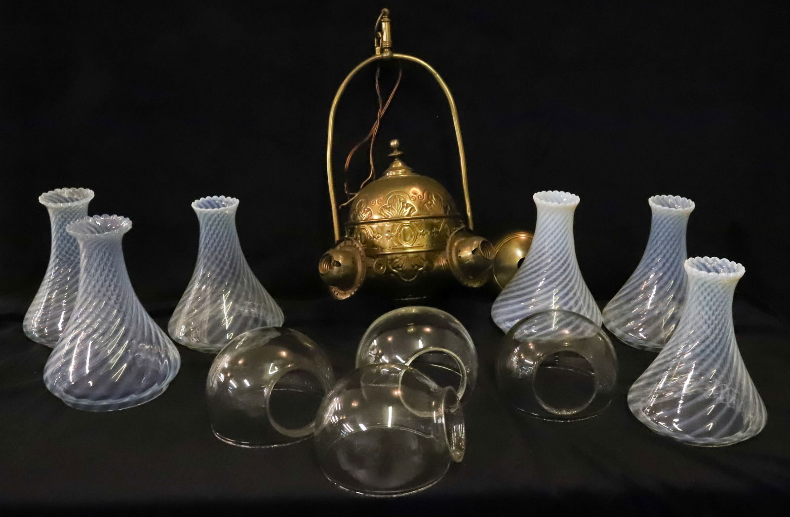 VICTORIAN FOUR ANGLE LAMP CHANDELIER: WITH FOUR OPALESCENT SWIRL TOP SHADES CLEAR LOWER SHADES AND TWO EXTRA SHADES ELECTRIFIED 20" X 20" PLEASE READ CAREFULLY - Terms for Purchasing and Shipping of Auction Items. Please read carefully be