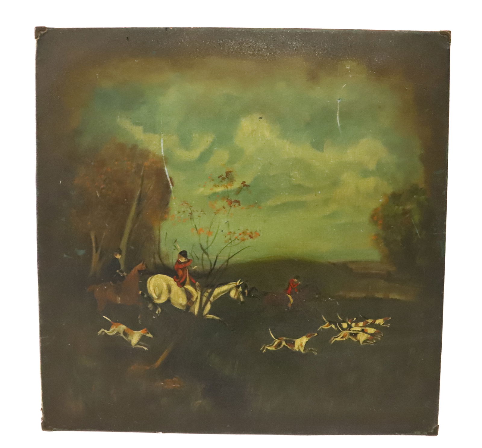 PAINTED FOLDING TABLE: FOX HUNT SCENE PAINTED ON TOP. OIL PAINTING ON VINYL. 30" X 30". PLEASE READ CAREFULLY - Terms for Purchasing and Shipping of Auction Items. Please read carefully before bidding. All payments for purc