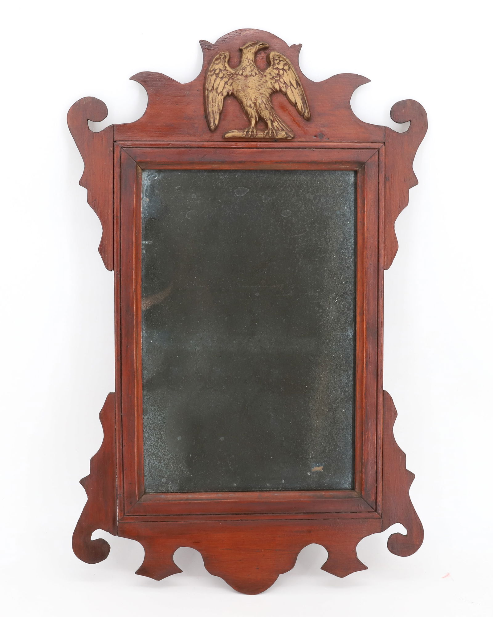 ANTIQUE MIRROR WITH GILT EAGLE: SMALL-SIZE FEDERAL MIRROR WITH GILT EAGLE AT TOP. 20 1/4" X 12 3/4". PLEASE READ CAREFULLY - Terms for Purchasing and Shipping of Auction Items. Please read carefully before bidding. All payments for