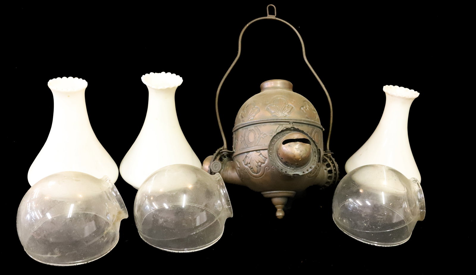 ANTIQUE TRIPLE KEROSENE ANGLE LAMP CHANDELIER: ALL ORIGINAL BURNERS, CLEAR LOWER GLOBE AND MILK GLASS SHADES. BRASS FRAME WITH VICTORIAN LEAF MOTIF 19" X 19" PLEASE READ CAREFULLY - Terms for Purchasing and Shipping of Auction Items. Please read c
