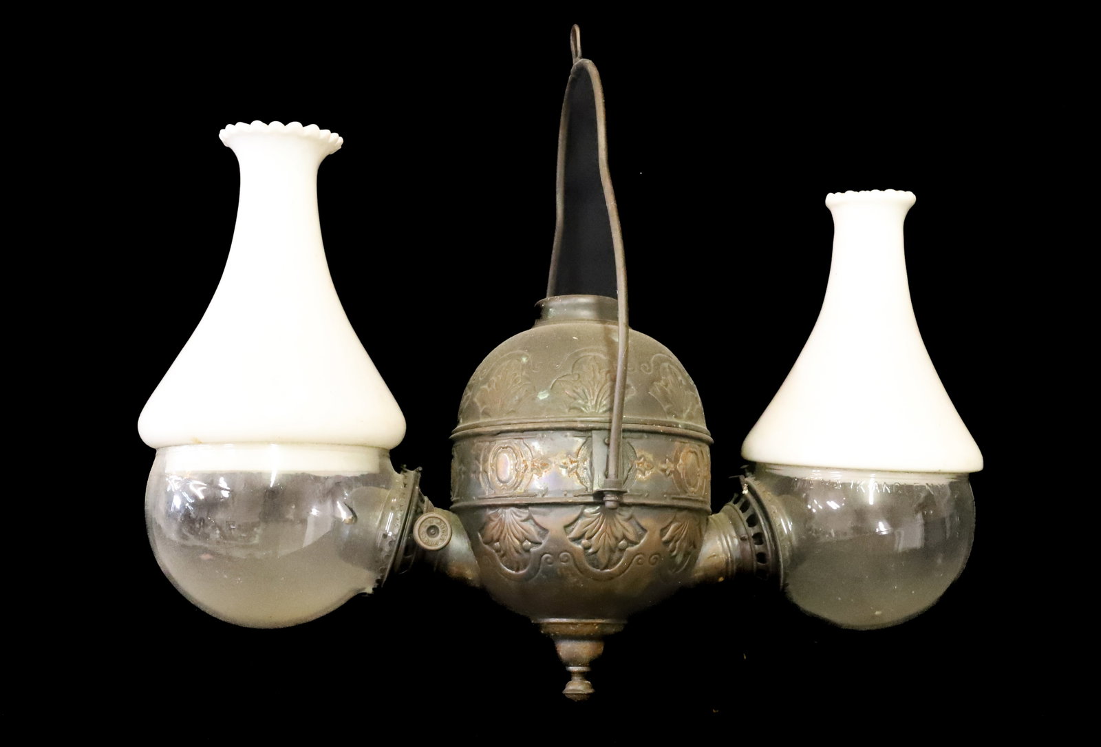 ANTIQUE DOUBLE KEROSENE ANGLE LAMP CHANDELIER: ALL ORIGINAL BURNERS,CLEAR GLOBES AND MILK GLASS SHADES 19" X 19" PLEASE READ CAREFULLY - Terms for Purchasing and Shipping of Auction Items. Please read carefully before bidding. All payments for pur