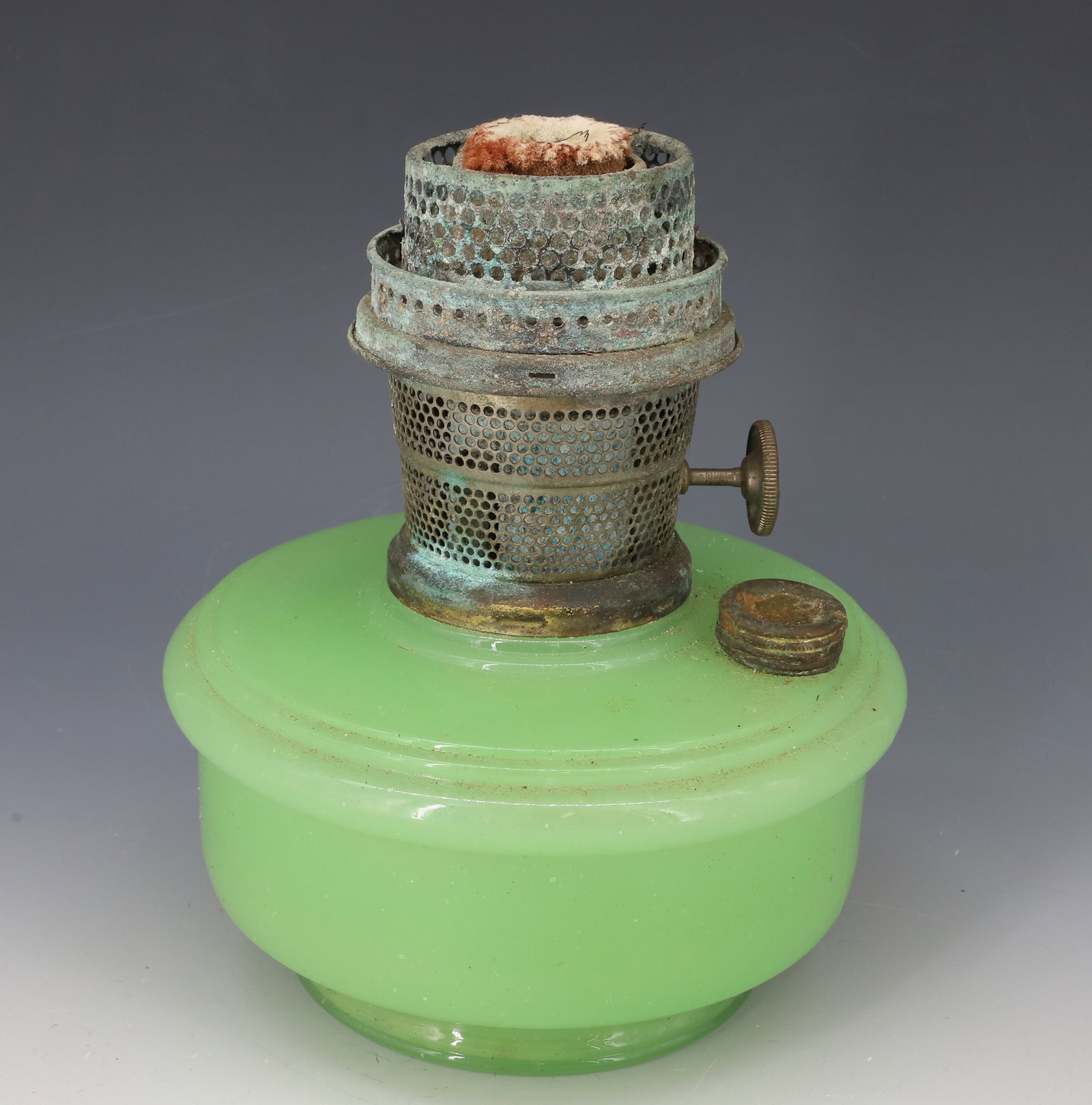 ANTIQUE JADEITE KEROSENE FONT: WITH BURNER 8" X 6 1/2"DIA PLEASE READ CAREFULLY - Terms for Purchasing and Shipping of Auction Items. Please read carefully before bidding. All payments for purchases will be made through LiveAuction
