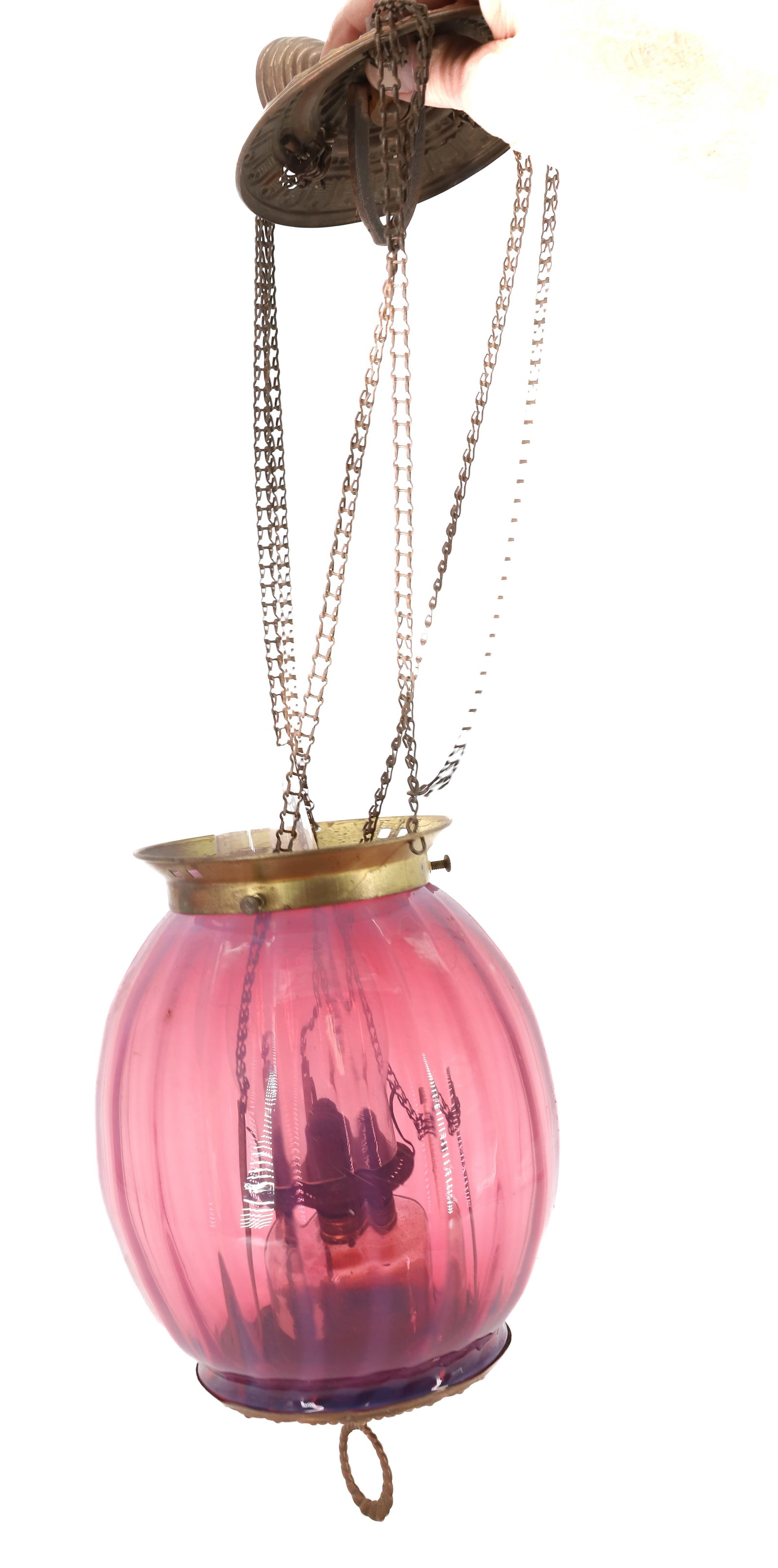 ANTIQUE HANG LIGHT CRANBERRY OPALESCENT SHADE: ALL ORIGINAL WITH CLEAR GLASS FONT AND BURNER,CHIMNEY, SMOKE BELL SHADE CRANBERRY OPALESCENT RIBBED SHADE 20"H PLEASE READ CAREFULLY - Terms for Purchasing and Shipping of Auction Items. Please read c