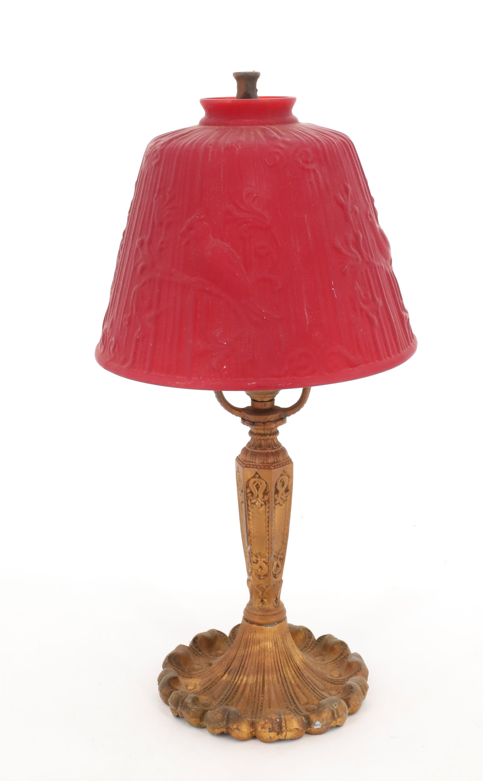 VINTAGE BOUDOIR LAMP AND SHADE: PRESSED RED SATIN GLASS SHADE WITH CARDINALS ON BRANCH, SPELTER BASE LAMP WITH GOLD PAINT 15" PLEASE READ CAREFULLY - Terms for Purchasing and Shipping of Auction Items. Please read carefully before b
