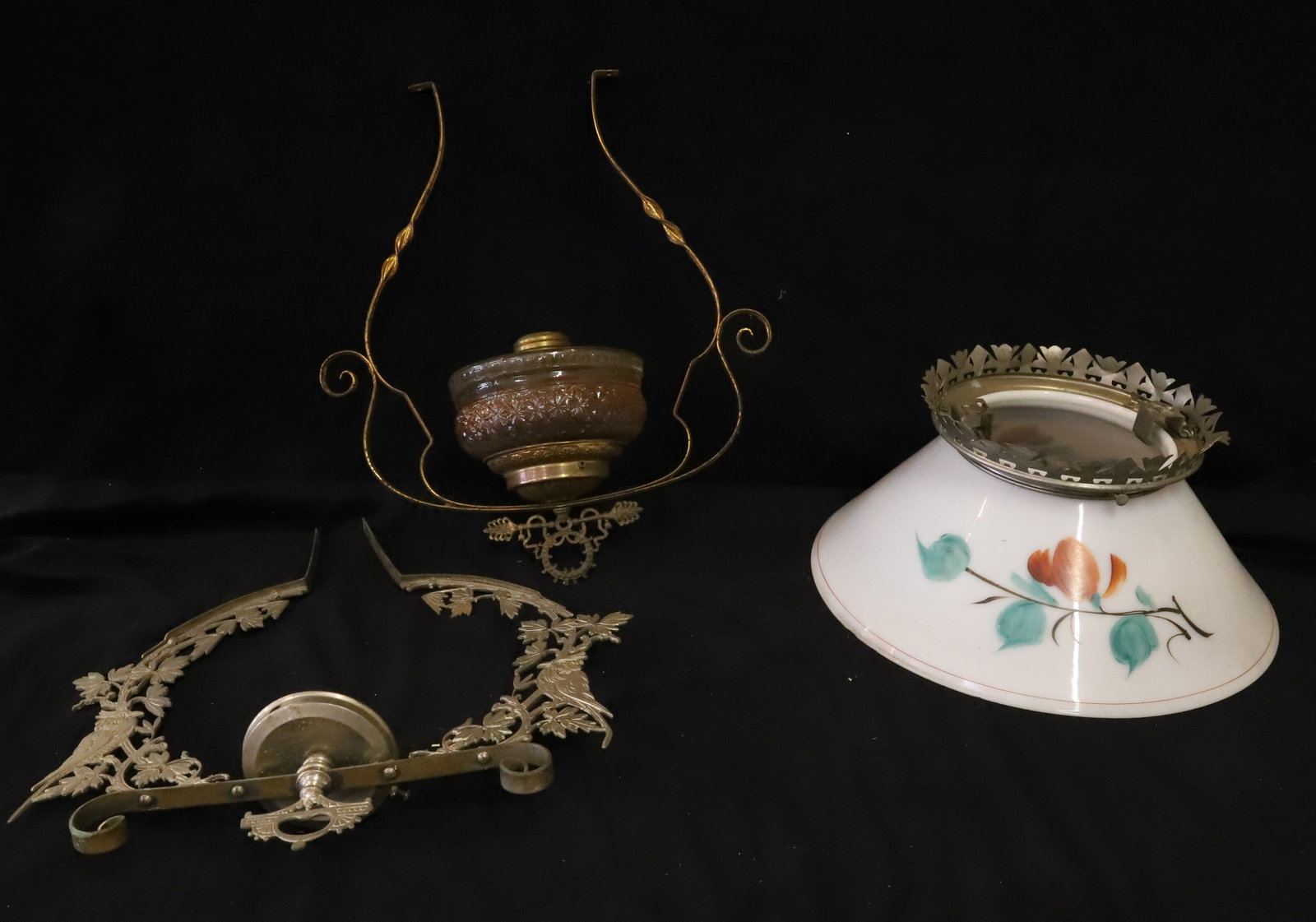 (3) ANTIQUE HANGING LIGHT PARTS: TWO BRASS FRAMES ONE WITH GLASS FONT AND HANG PAINTED MILK GLASS SHADE WITH BRASS RING FRAMES 15" X 15", 17" X 16" SHADE 7" X 15" DIA PLEASE READ CAREFULLY - Terms for Purchasing and Shipping of Aucti