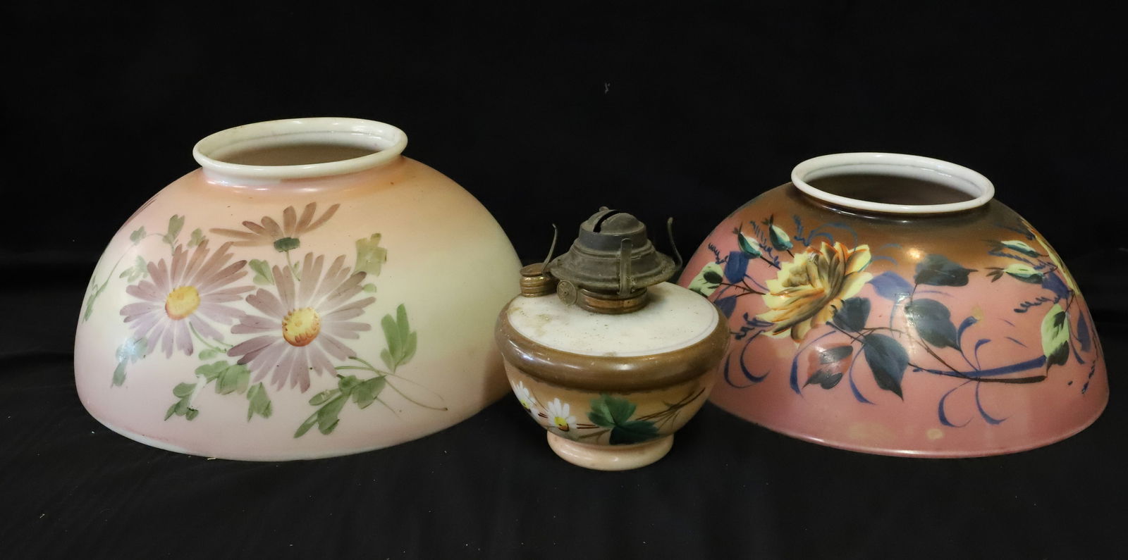 (3) HANGING LIGHT PARTS: HAND PAINTED KEROSENE FONT WITH DAISIES, (2) HAND PAINTED SHADES ONE WITH DAISIES 6" X 6 1/2", 7" X 14" DIA, 6 1/2" X 13 3/4" PLEASE READ CAREFULLY - Terms for Purchasing and Shipping of Auction Items