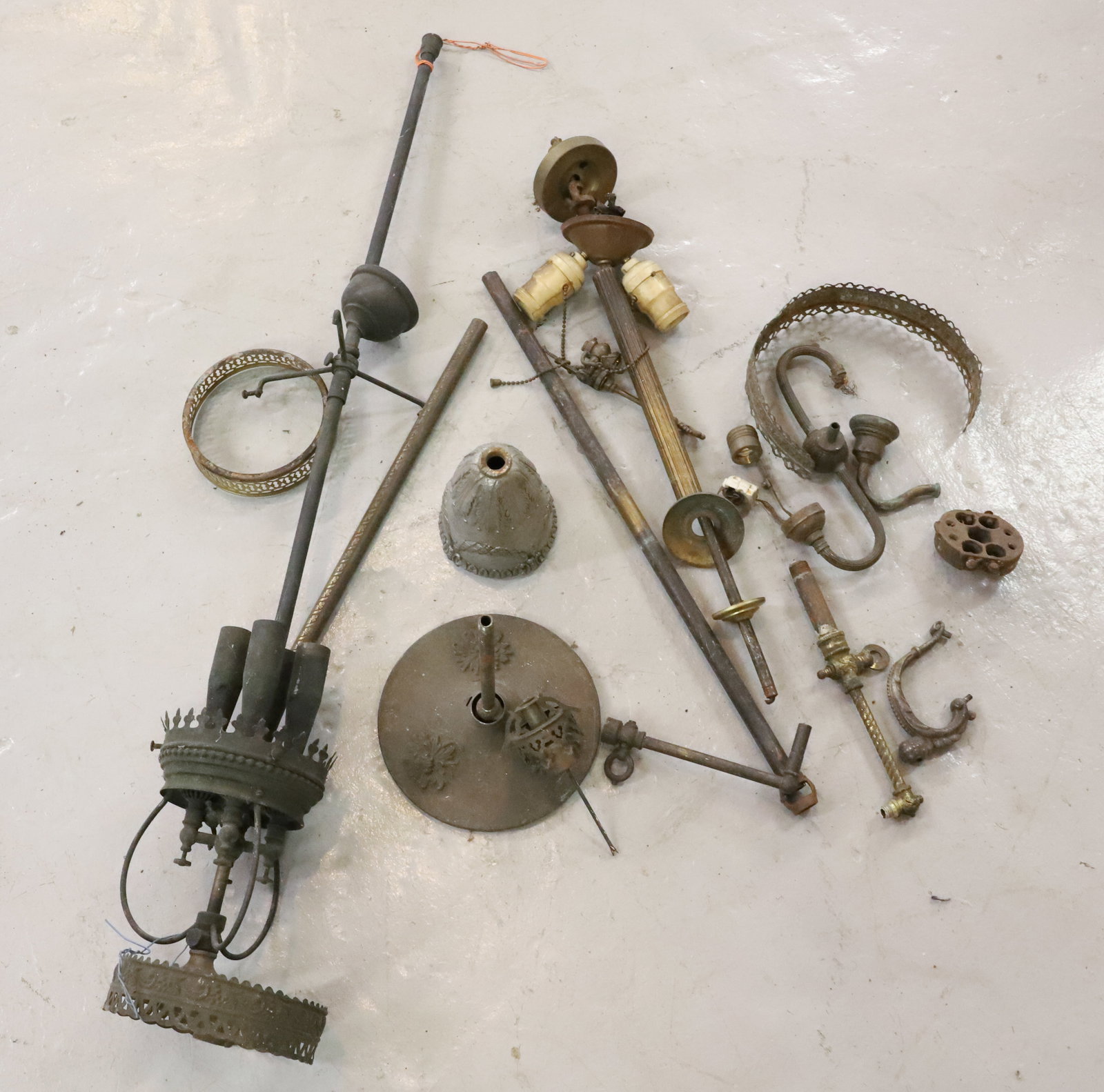 ANTIQUE CHANDELIER PARTS, GAS AND ELECTRIC: BRASS GAS FIXTURE WITH FOUR JETS, ELECTRIC HANGING LIGHT AND BRASS,SPELTER PARTS LARGEST 36 1/2" PLEASE READ CAREFULLY - Terms for Purchasing and Shipping of Auction Items. Please read carefully befor