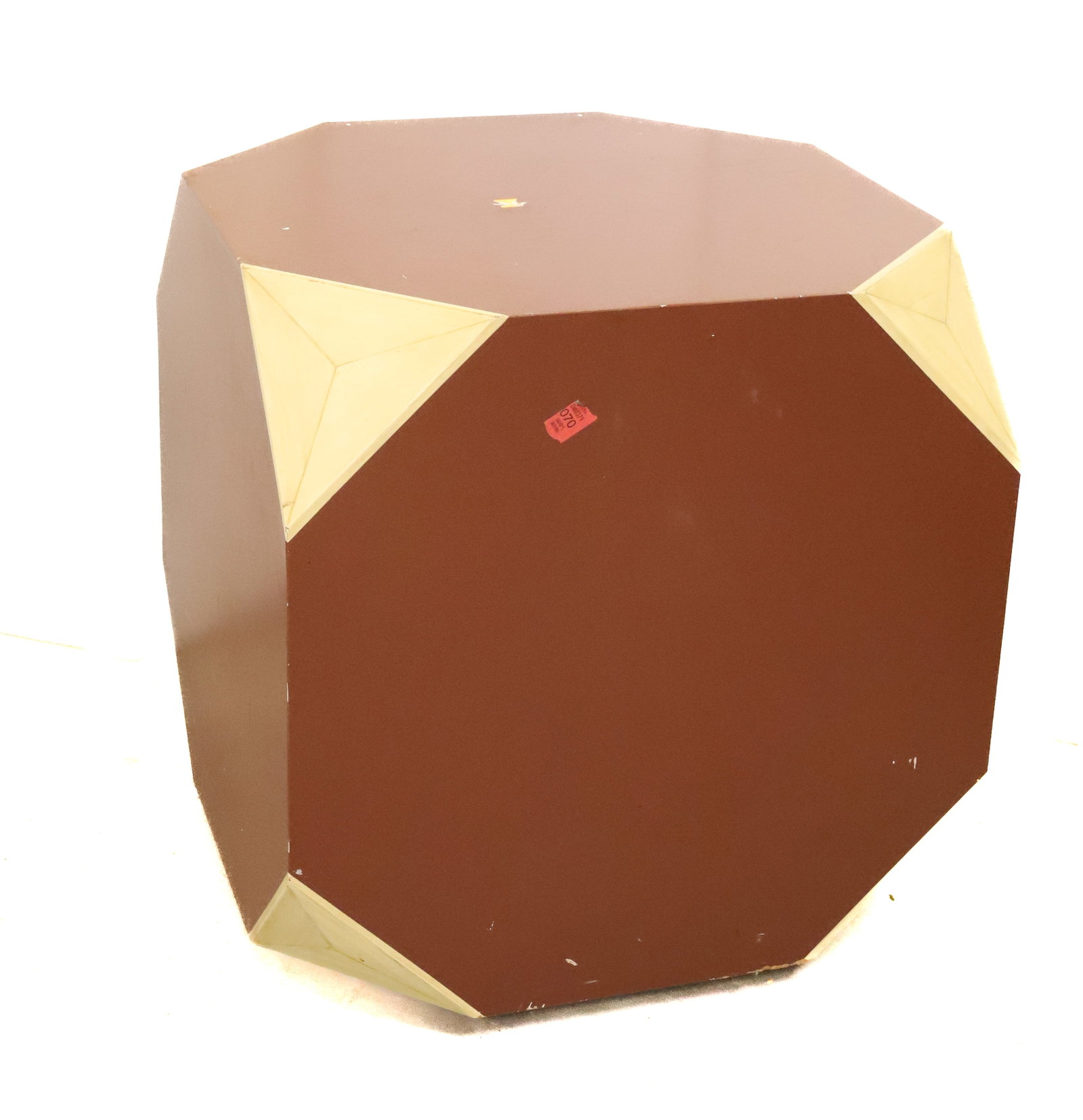 VINTAGE PAINTED MCM END TABLE: RUST AND IVORY COLORING. FLAT CORNERS. ROLLERS ON BASE. 20 1/4" X 20" X 20". PLEASE READ CAREFULLY - Terms for Purchasing and Shipping of Auction Items. Please read carefully before bidding. All payme