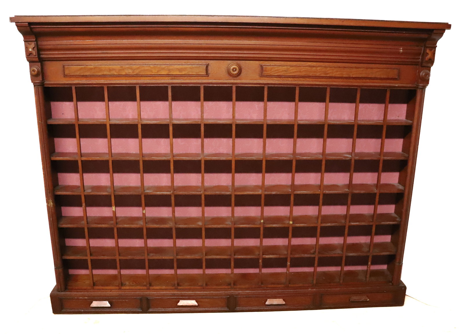 LARGE VICTORIAN SHAVING MUG CUBBIES: WALL MOUNTED WITH 72-HOLE CUBBIES OVER FAUX DRAWERS. FABRIC COVERED PLYWOOD BACK. 55" X 71" X 9". PLEASE READ CAREFULLY - Terms for Purchasing and Shipping of Auction Items. Please read carefully befo