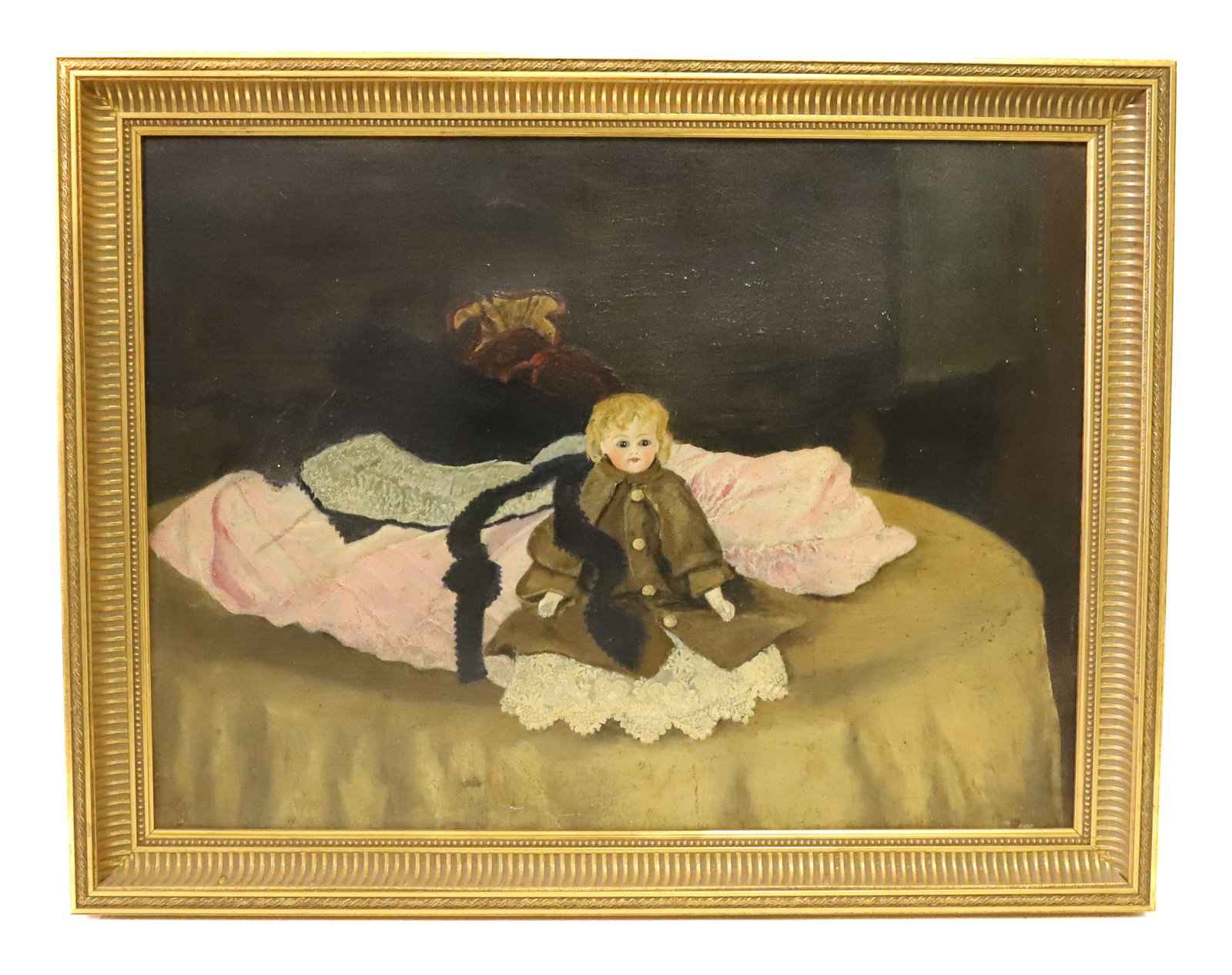 ANTIQUE OIL PAINTING OF DOLL: OIL ON BOARD DOLL ON TABLE WITH VICTORIAN HAT UNSIGNED VIEW SIGHT 17" X 23 1/2" OVERALL 21 1/4" X 27 1/2" PLEASE READ CAREFULLY - Terms for Purchasing and Shipping of Auction Items. Please read carefu