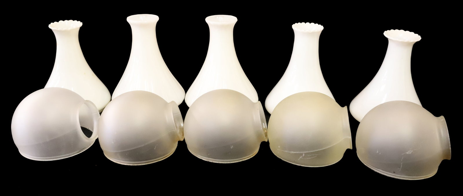 (5) ANGLE LIGHT SHADES AND GLOBES: (5) FROSTED LOWER GLOBES AND (5) MILK GLASS SHADES NOT MATCHING 5 1/2"H,8 1/2"H,9 1/4"H PLEASE READ CAREFULLY - Terms for Purchasing and Shipping of Auction Items. Please read carefully before bidding