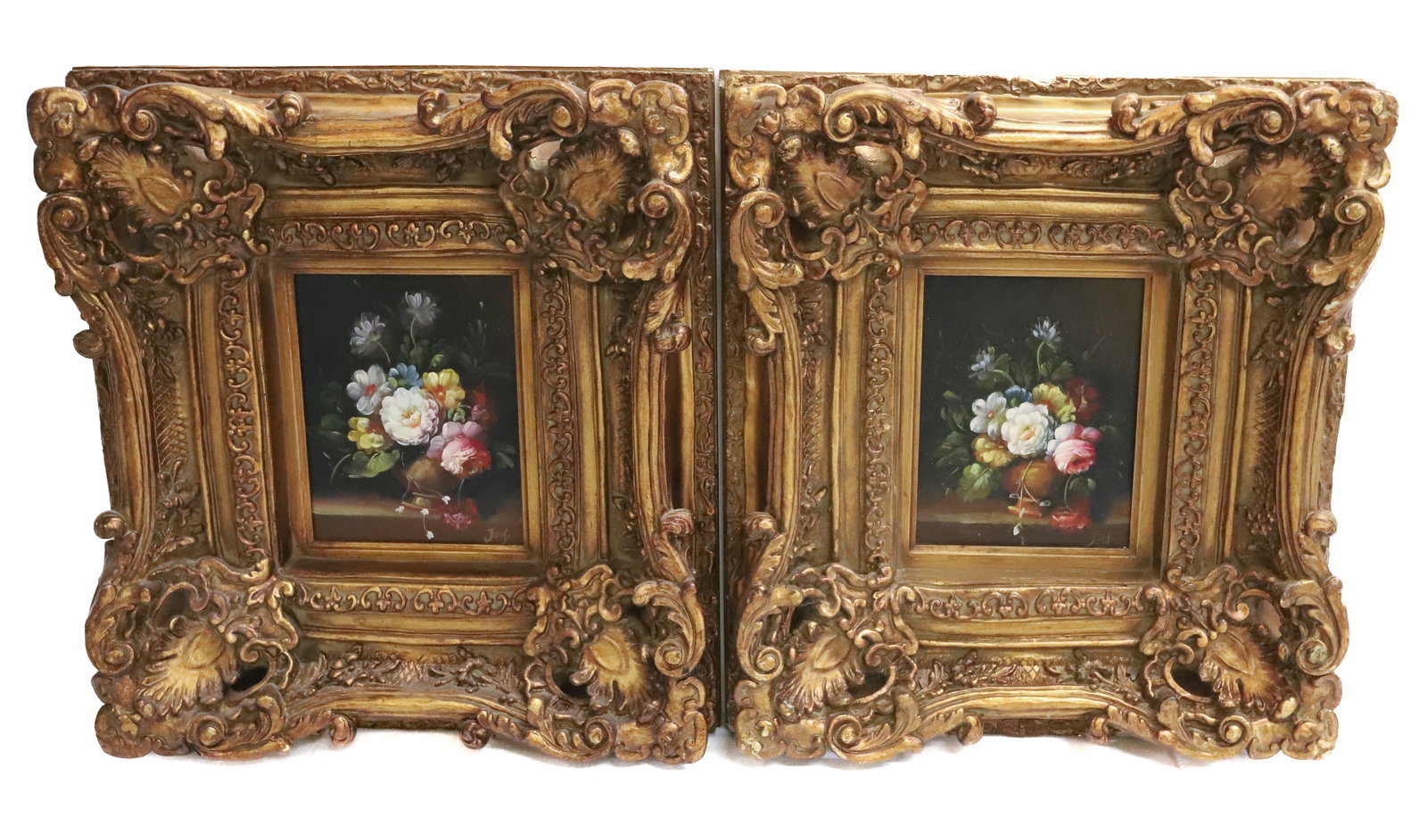 (2) CONTEMPORARY FLORAL PAINTINGS IN GOLD FRAMES: BOTH SIGNED LOWER RIGHT JOY IN ORNATE GOLD FRAMES 21 1/2" X 23" PLEASE READ CAREFULLY - Terms for Purchasing and Shipping of Auction Items. Please read carefully before bidding. All payments for purch