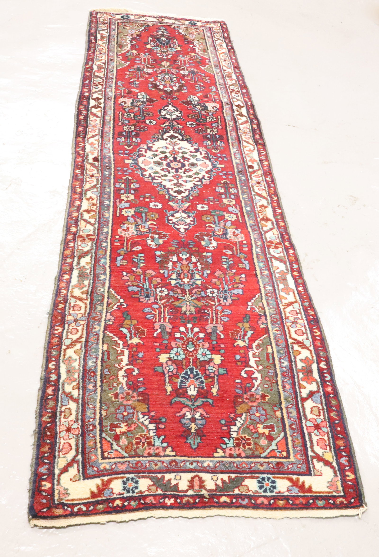 VINTAGE ORIENTAL RUNNER: REDS AND MULTICOLOR HAND KNOTTED 34"W X 123" PLUS FRINGE PLEASE READ CAREFULLY - Terms for Purchasing and Shipping of Auction Items. Please read carefully before bidding. All payments for purchases wi
