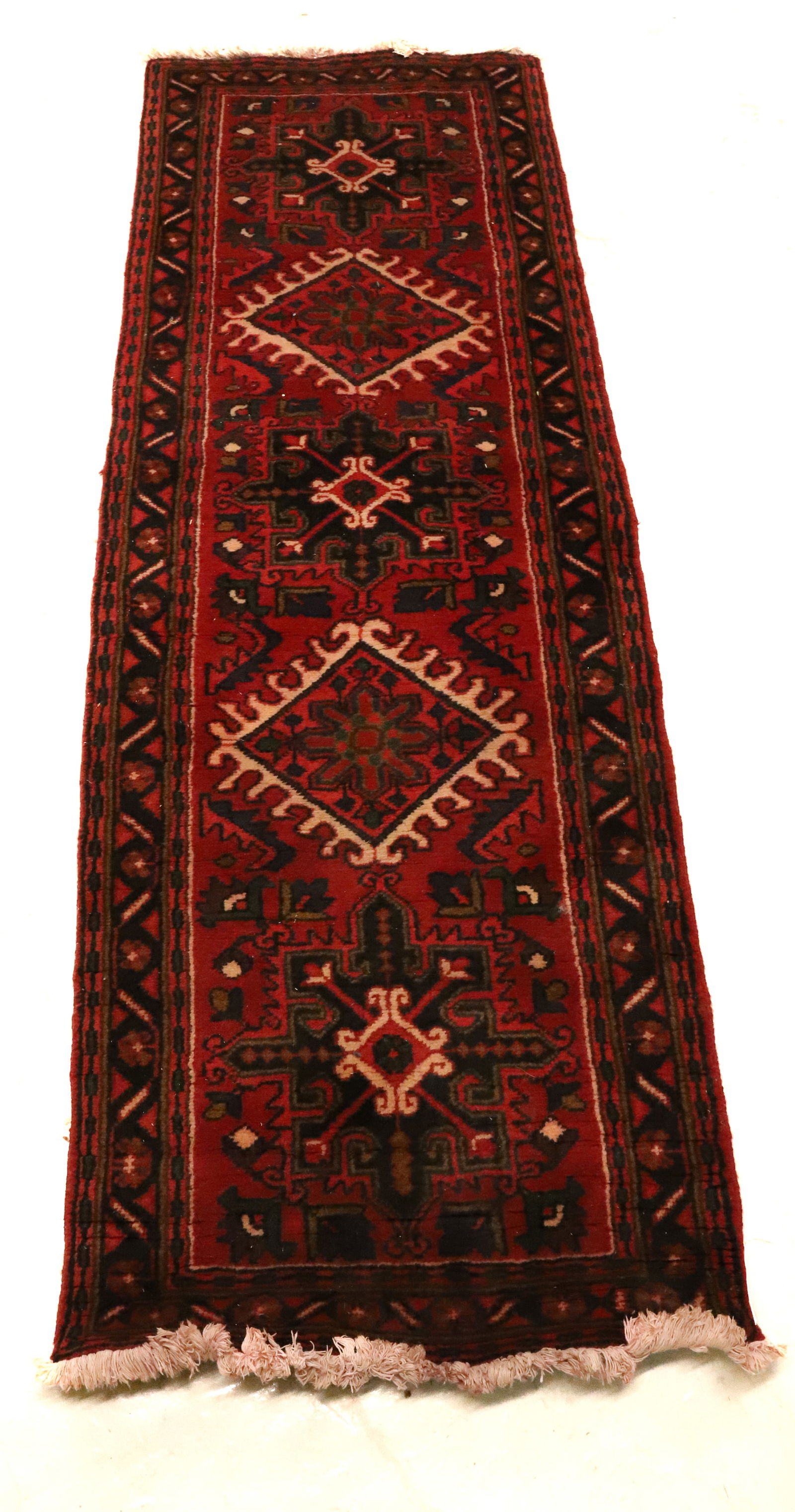 VINTAGE ORIENTAL RUNNER: IRAN ON LABEL HAND KNOTTED 28" X 82" DARK RED PLEASE READ CAREFULLY - Terms for Purchasing and Shipping of Auction Items. Please read carefully before bidding. All payments for purchases will be made