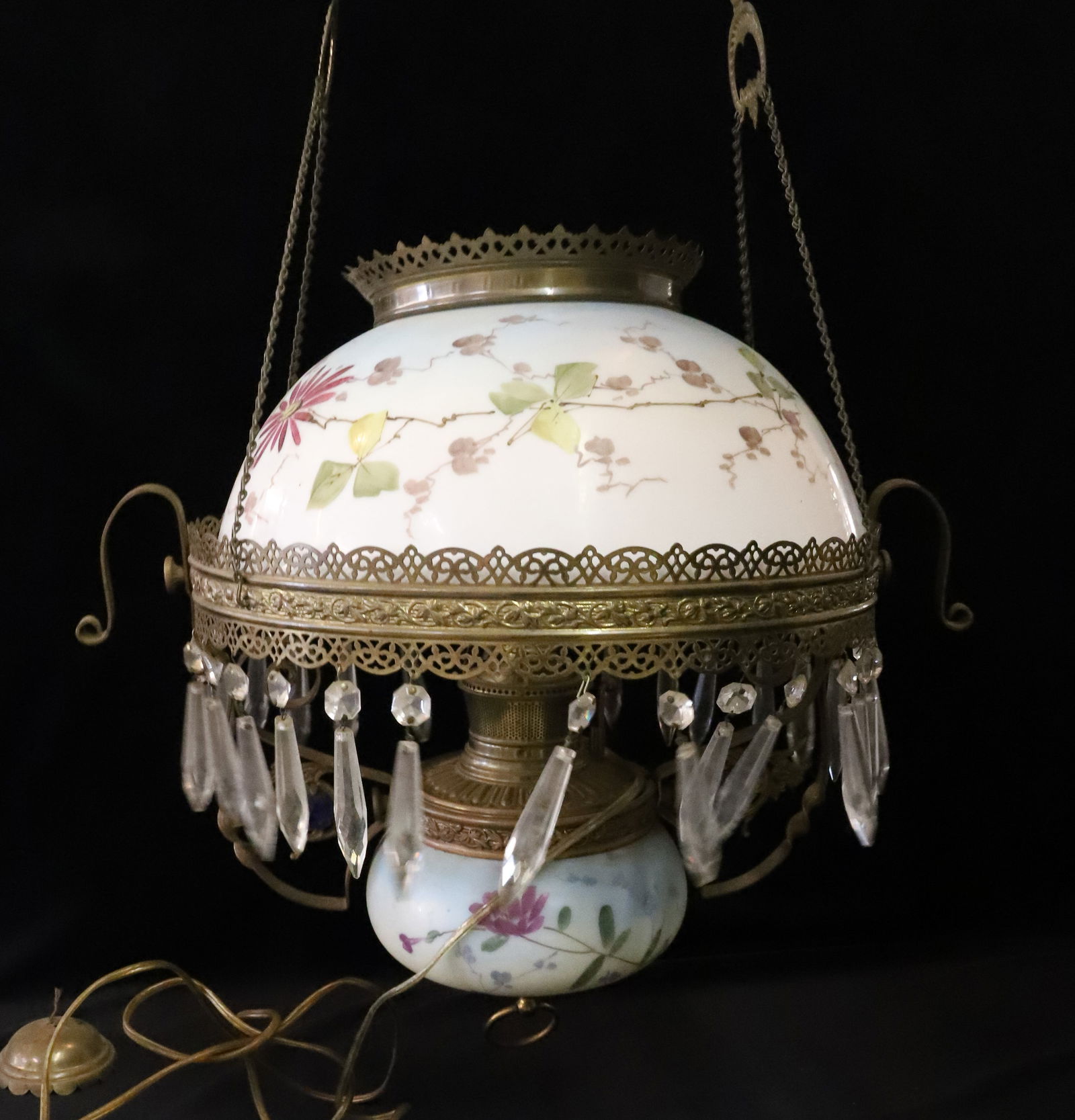 Bradley and Hubbard hanging light: ELECTRIFIED ORNATE BRASS FRAME WITH SET JEWELS HAND PAINTED SHADE AND FONT PRISMS PULL DOWN FRAME 24" X 14" PLEASE READ CAREFULLY - Terms for Purchasing and Shipping of Auction Items. Please read care