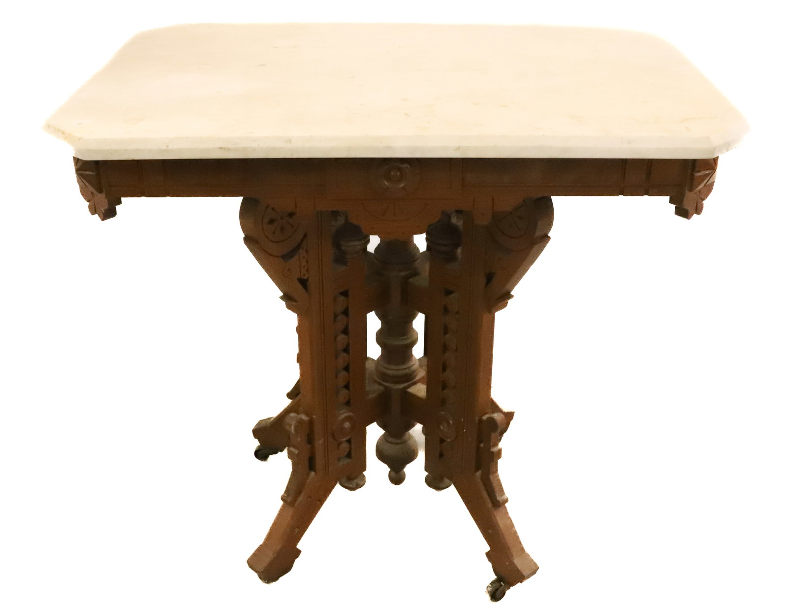 VICTORIAN MARBLE TOP TABLE: OCTAGONAL MARBLE TOP ON ORNATE EASTLAKE BASE. 30" X 32" X 23 1/2". PLEASE READ CAREFULLY - Terms for Purchasing and Shipping of Auction Items. Please read carefully before bidding. All payments for pu