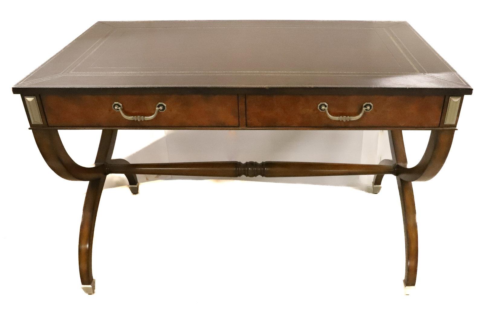 MAITLAND-SMITH CAMPAIGN DESK: TWO DRAWER DESK WITH PULL-OUT SURFACES ON EITHER END. TOOLED AND DECORATED TOP. 31 1/2" X 48" X 28". PLEASE READ CAREFULLY - Terms for Purchasing and Shipping of Auction Items. Please read carefully b
