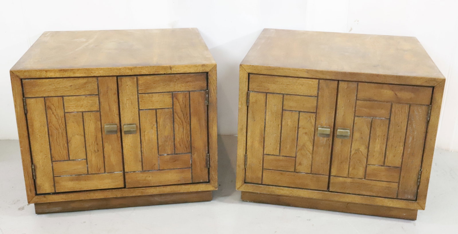 PAIR OF DREXEL END TABLES: TWO DOORS WITH BRASS HARDWARE. 26" X 26" X 21" H. PLEASE READ CAREFULLY - Terms for Purchasing and Shipping of Auction Items. Please read carefully before bidding. All payments for purchases will be m