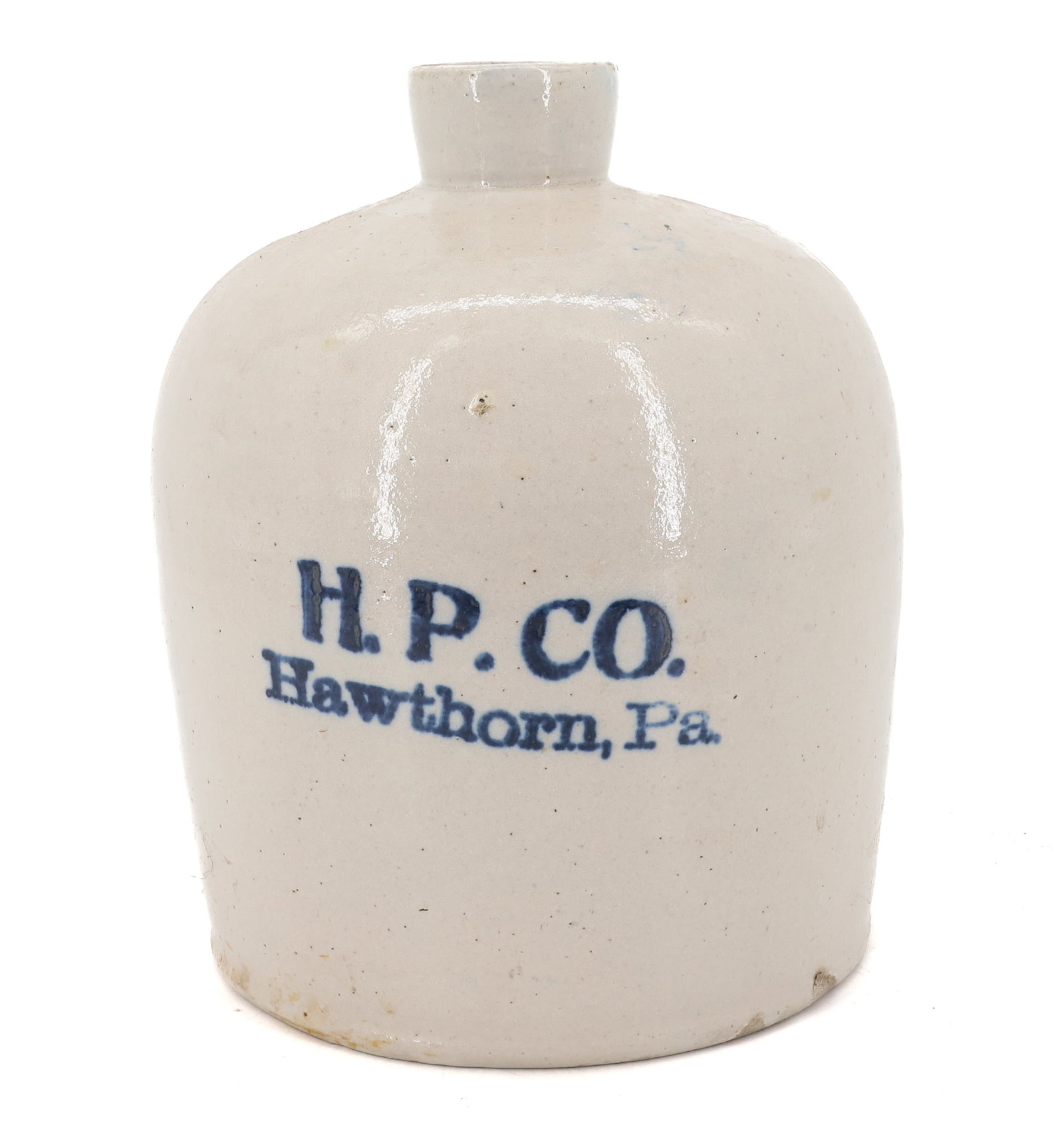 HAWTHORN, PA STONEWARE JUG: H.P. CO. 9" H. Terms: PLEASE READ CAREFULLY - Terms for Purchasing and Shipping of Auction Items. Please read carefully before bidding. All payments for purchases will be made through LiveAuctioneers.