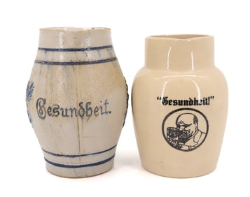 (2) POTTERY ADVERTISING BEER PITCHERS