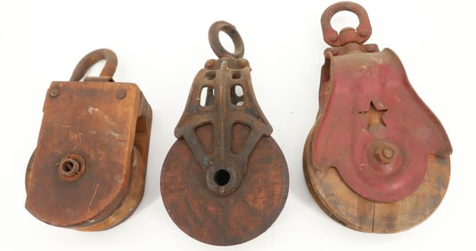 (3) IRON/WOOD PULLEYS