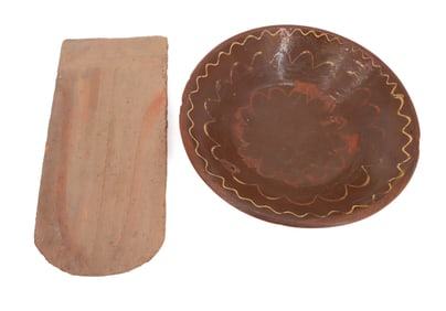 REDWARE DECORATED BOWL AND ROOF TILE