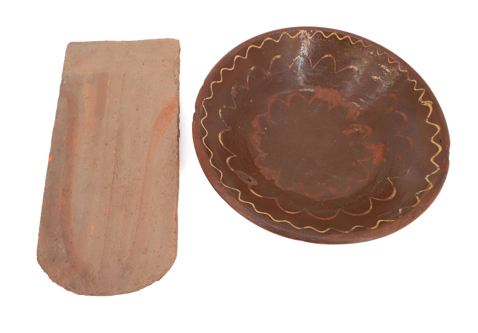 REDWARE DECORATED BOWL AND ROOF TILE (1 of 6)