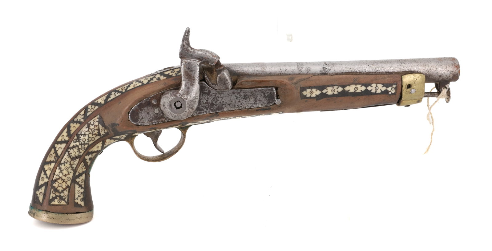 ANTIQUE INLAID PERCUSSION PISTOL: DECORATIVE INLAY WITH METAL AND BRASS. 15" L. HALLMARKS ON TOP OF BARREL. Terms: PLEASE READ CAREFULLY - Terms for Purchasing and Shipping of Auction Items. Please read carefully before bidding. All p