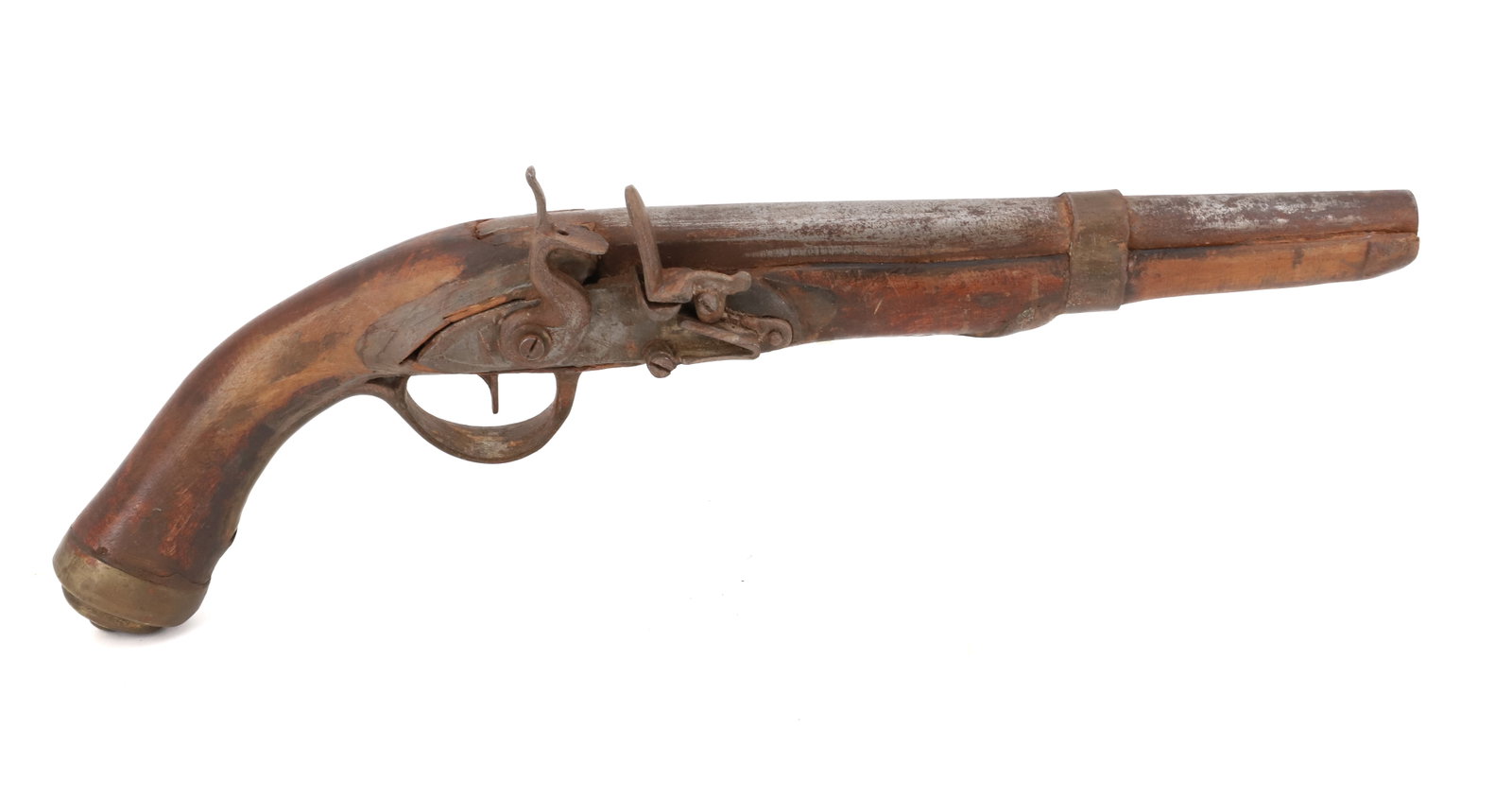 ANTIQUE FLINTLOCK PISTOL: WOOD/METAL/BRASS. 16 1/2" L. Terms: PLEASE READ CAREFULLY - Terms for Purchasing and Shipping of Auction Items. Please read carefully before bidding. All payments for purchases will be made through Li