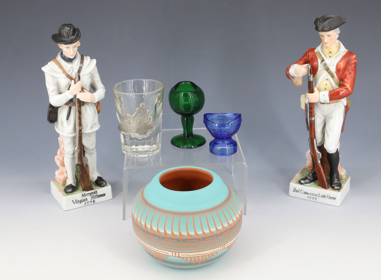 LOT OF VINTAGE SMALLS: PAIR OF HANDPAINTED PORCELAIN FIGURES (JAPAN) 8 1/4" H., TWO GLASS EYE WASHES, NATIVE AMERICAN POT AND HARLEY DAVIDSON SHOT GLASS. Terms: PLEASE READ CAREFULLY - Terms for Purchasing and Shipping of A